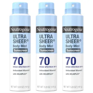Neutrogena Ultra Sheer Body Mist Sunscreen Spray, Broad Spectrum SPF 70, Lightweight Spray Sunscreen, Non-Greasy & Water Resistant, Oil-Free & Non-Comedogenic UVA/UVB, 5 oz, Pack of 3