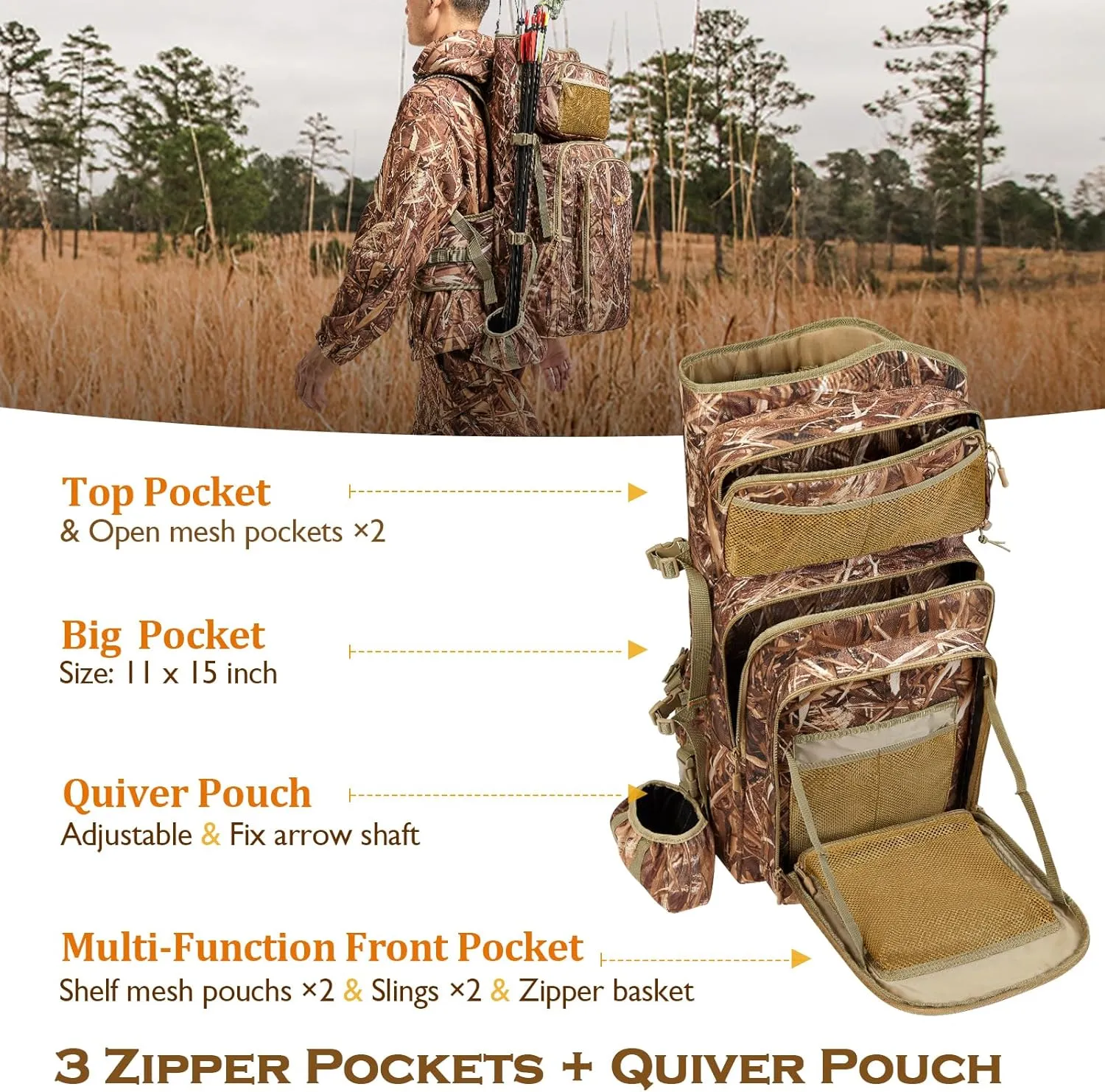NEW VIEW Camo Bow Hunting Backpack for Men - Saddle Back Pack with Bow Holder, Elk and Deer Hunting Bag Large & Lightweight - Archery Accessories for Compound Bow Storage