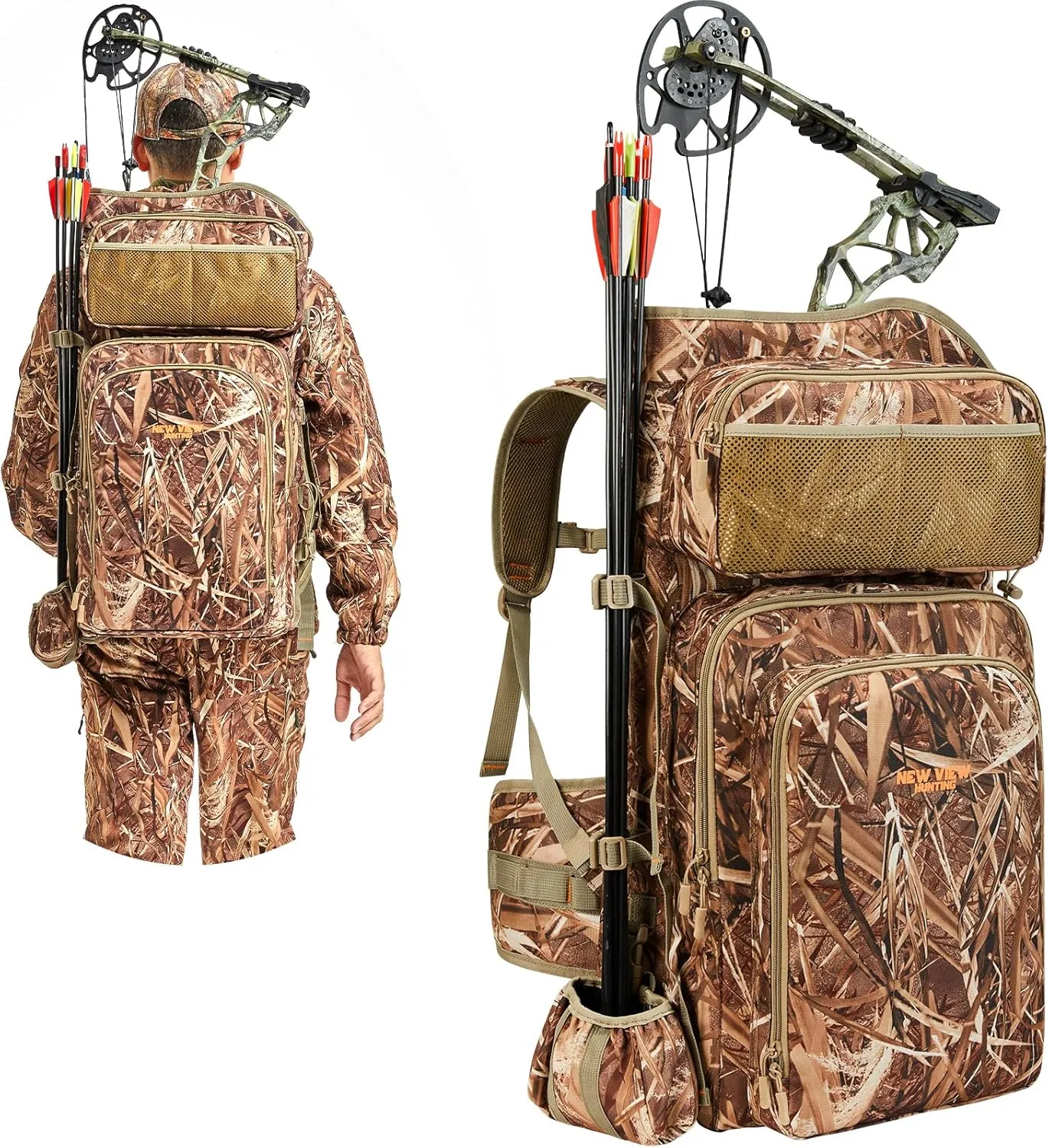 NEW VIEW Camo Bow Hunting Backpack for Men - Saddle Back Pack with Bow Holder, Elk and Deer Hunting Bag Large & Lightweight - Archery Accessories for Compound Bow Storage