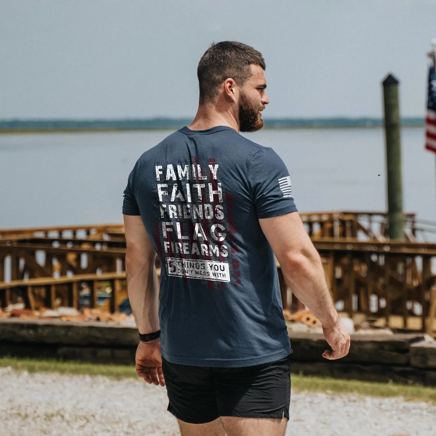 Nine Line 5 Things You Don't Mess with Unisex Navy Patriotic T-Shirt - Includes American Flag and Dropline Logo