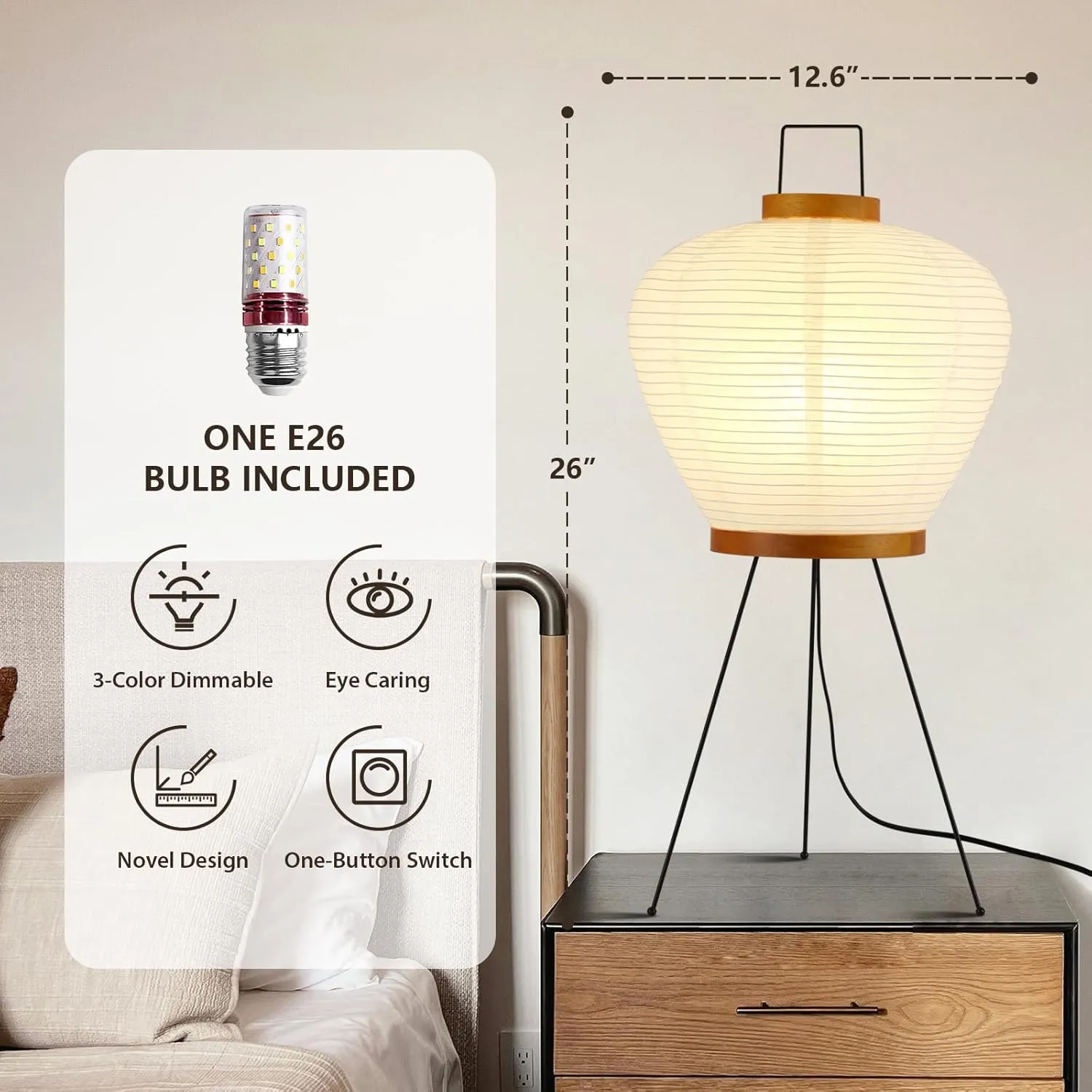 Noguchi Paper Lamp, Akari Floor Lamp, Japanese Lantern Ideal for Bedside, Living Room, and Japandi Décor (Wooden Round)