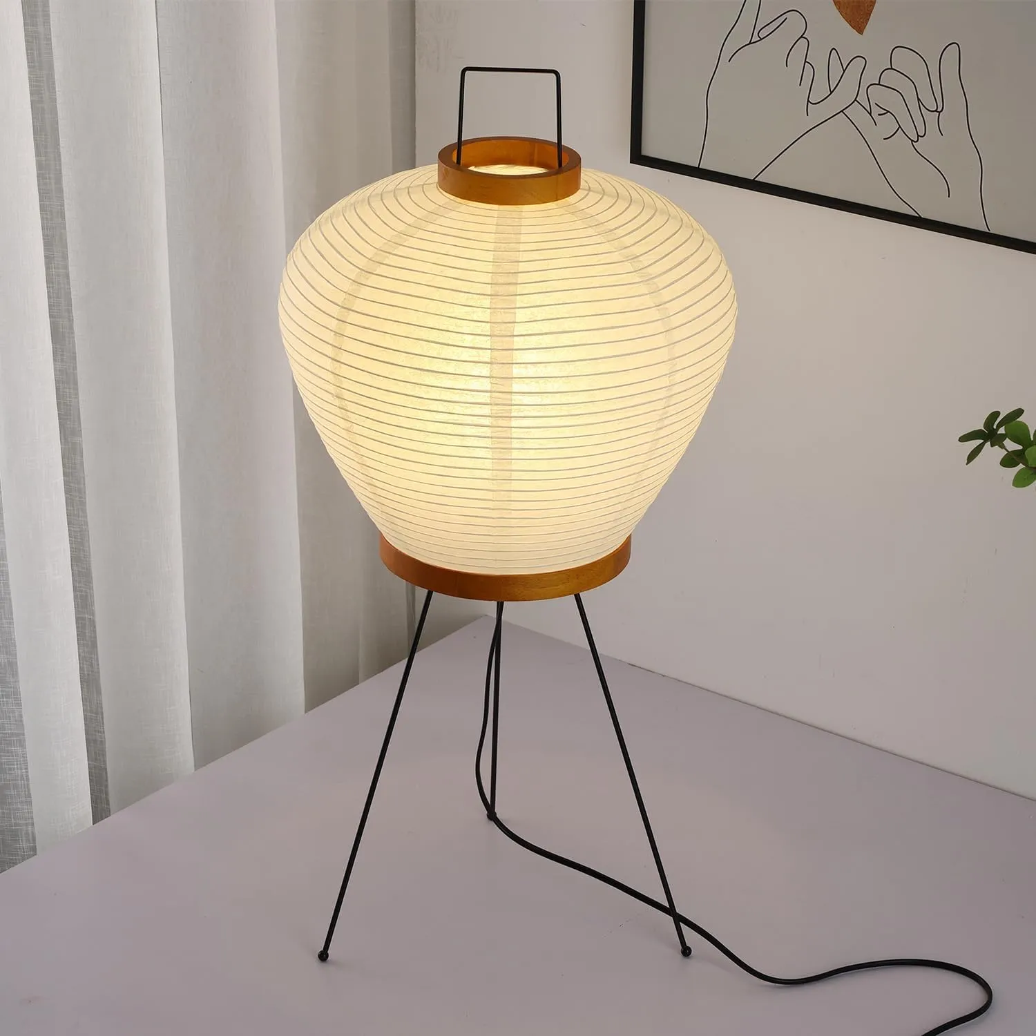 Noguchi Paper Lamp, Akari Floor Lamp, Japanese Lantern Ideal for Bedside, Living Room, and Japandi Décor (Wooden Round)
