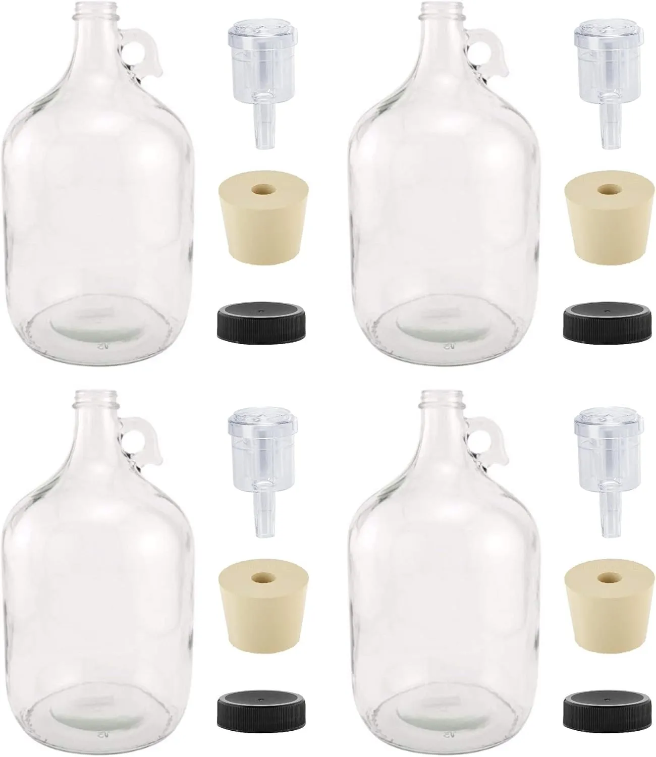 North Mountain Supply 1 Gallon Glass Fermenting Jug with Handle, 6.5 Rubber Stopper, 2-Piece Airlock, Black Plastic Lid - Set of 4