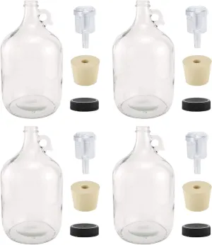 North Mountain Supply 1 Gallon Glass Fermenting Jug with Handle, 6.5 Rubber Stopper, 2-Piece Airlock, Black Plastic Lid - Set of 4