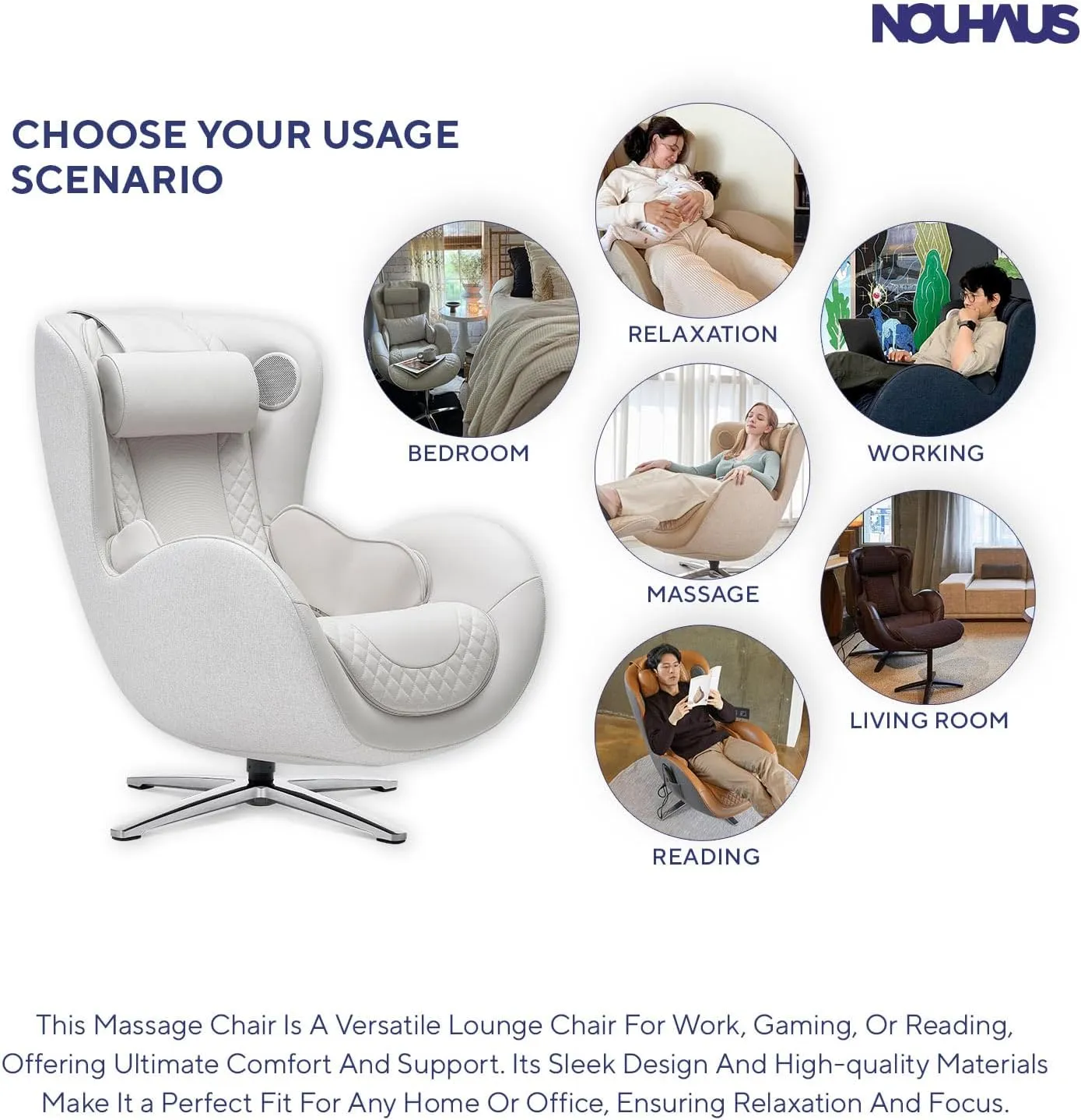 Nouhaus Classic Massage Chair with Ottoman. White Leather Lounge Chair, with Percussive & Shiatsu Chair Massager, Bluetooth Speaker and Recliner. Cozy Bedroom Chair with Spot and Full Body Massager