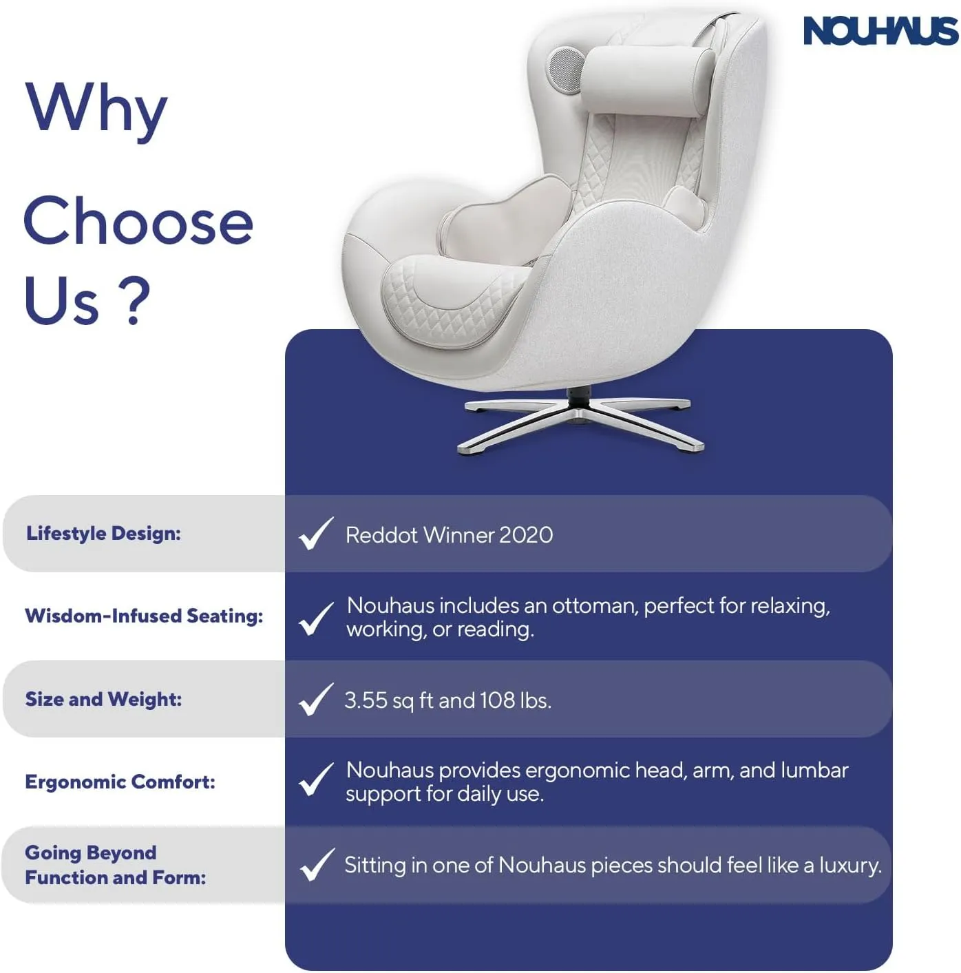 Nouhaus Classic Massage Chair with Ottoman. White Leather Lounge Chair, with Percussive & Shiatsu Chair Massager, Bluetooth Speaker and Recliner. Cozy Bedroom Chair with Spot and Full Body Massager