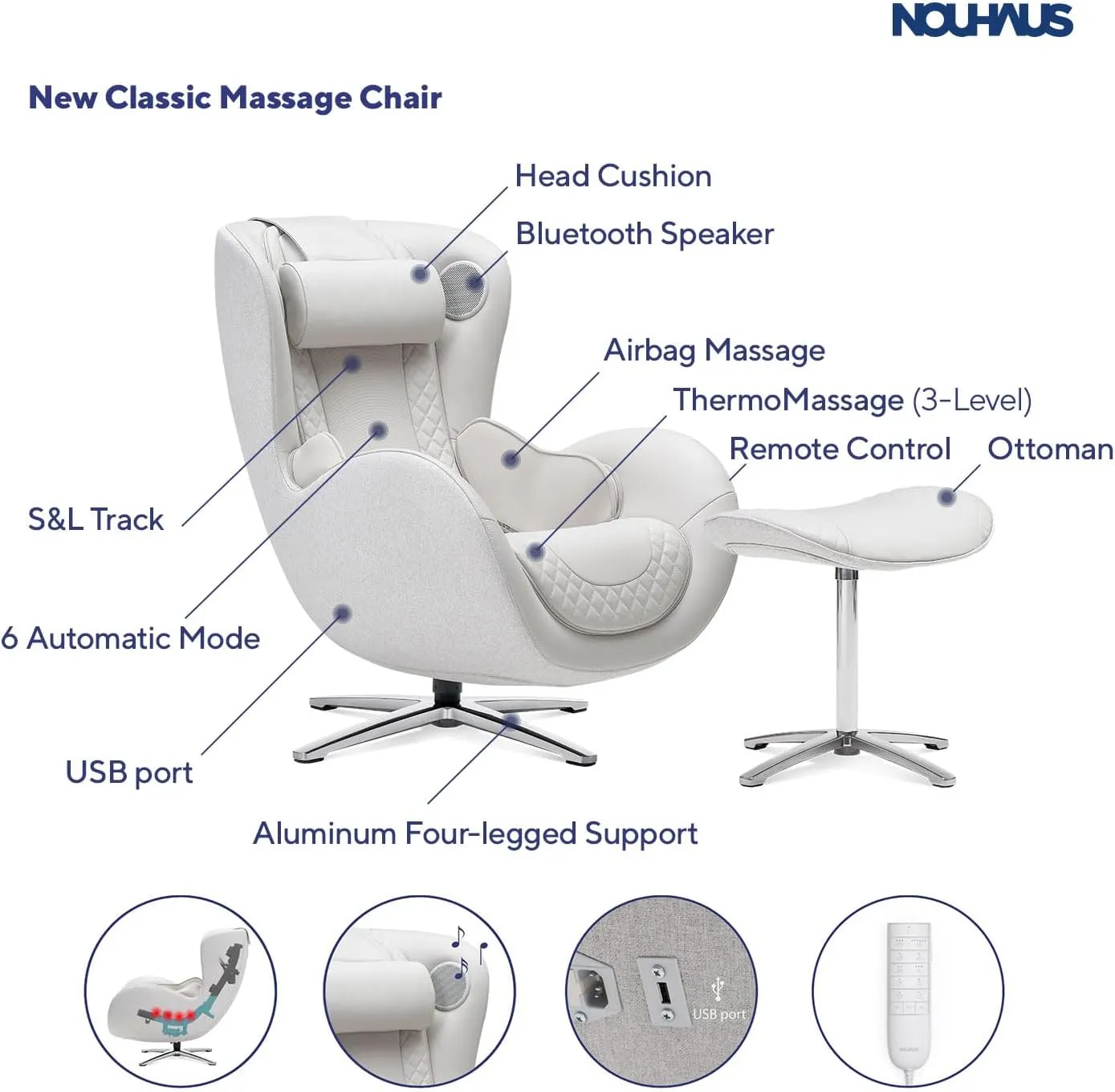 Nouhaus Classic Massage Chair with Ottoman. White Leather Lounge Chair, with Percussive & Shiatsu Chair Massager, Bluetooth Speaker and Recliner. Cozy Bedroom Chair with Spot and Full Body Massager