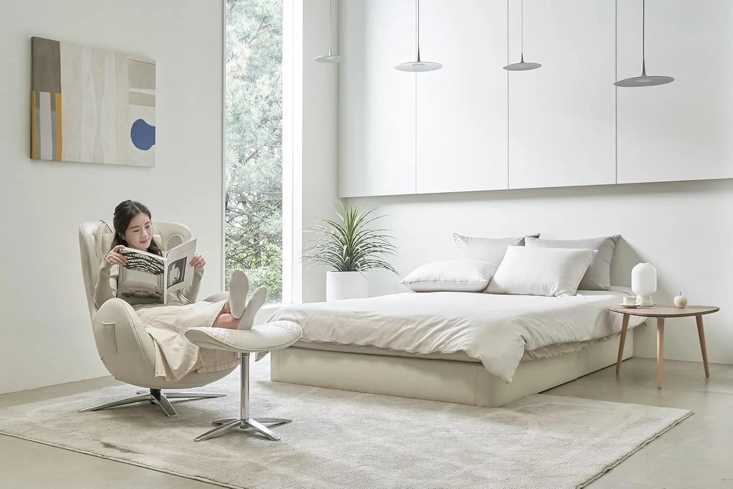 Nouhaus Classic Massage Chair with Ottoman. White Leather Lounge Chair, with Percussive & Shiatsu Chair Massager, Bluetooth Speaker and Recliner. Cozy Bedroom Chair with Spot and Full Body Massager