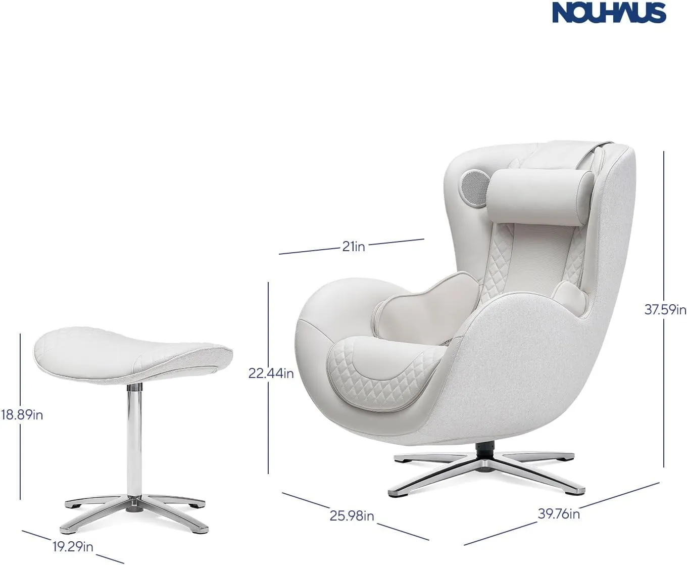 Nouhaus Classic Massage Chair with Ottoman. White Leather Lounge Chair, with Percussive & Shiatsu Chair Massager, Bluetooth Speaker and Recliner. Cozy Bedroom Chair with Spot and Full Body Massager