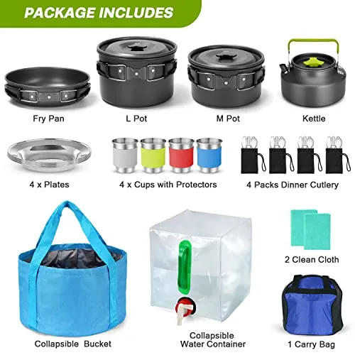 Odoland 29pcs Camping Cookware Mess Kit, Non-Stick Lightweight Pots Pan Kettle, Collapsible Water Container and Bucket, Stainless Steel Cups Plates Forks Knives Spoons for Outdoor Backpacking Picnic