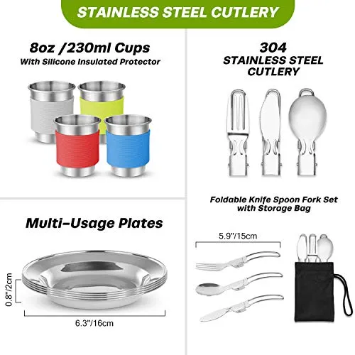 Odoland 29pcs Camping Cookware Mess Kit, Non-Stick Lightweight Pots Pan Kettle, Collapsible Water Container and Bucket, Stainless Steel Cups Plates Forks Knives Spoons for Outdoor Backpacking Picnic