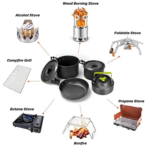 Odoland 29pcs Camping Cookware Mess Kit, Non-Stick Lightweight Pots Pan Kettle, Collapsible Water Container and Bucket, Stainless Steel Cups Plates Forks Knives Spoons for Outdoor Backpacking Picnic