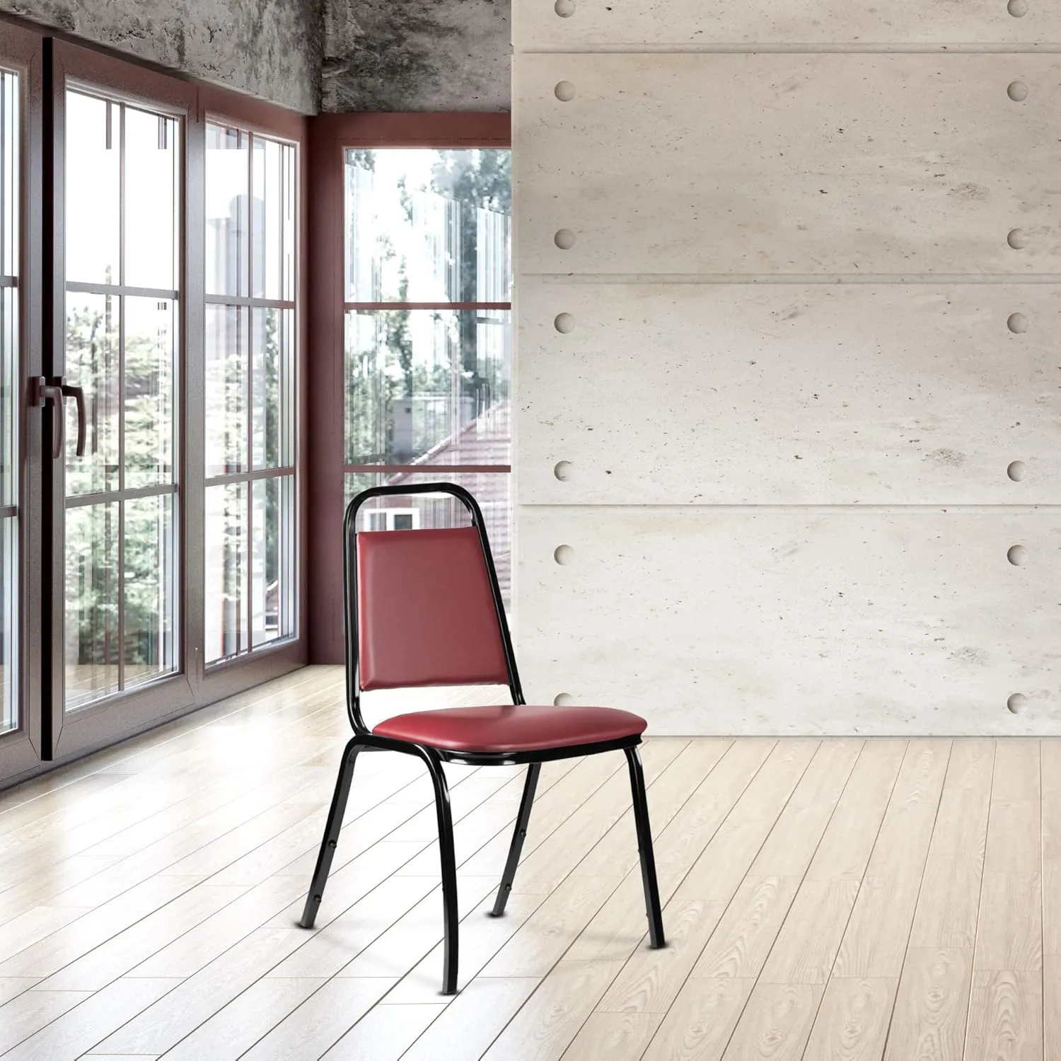 OEF Furnishings Vinyl Upholstered Stack Banquet Chair, (Pack of 4), Burgundy
