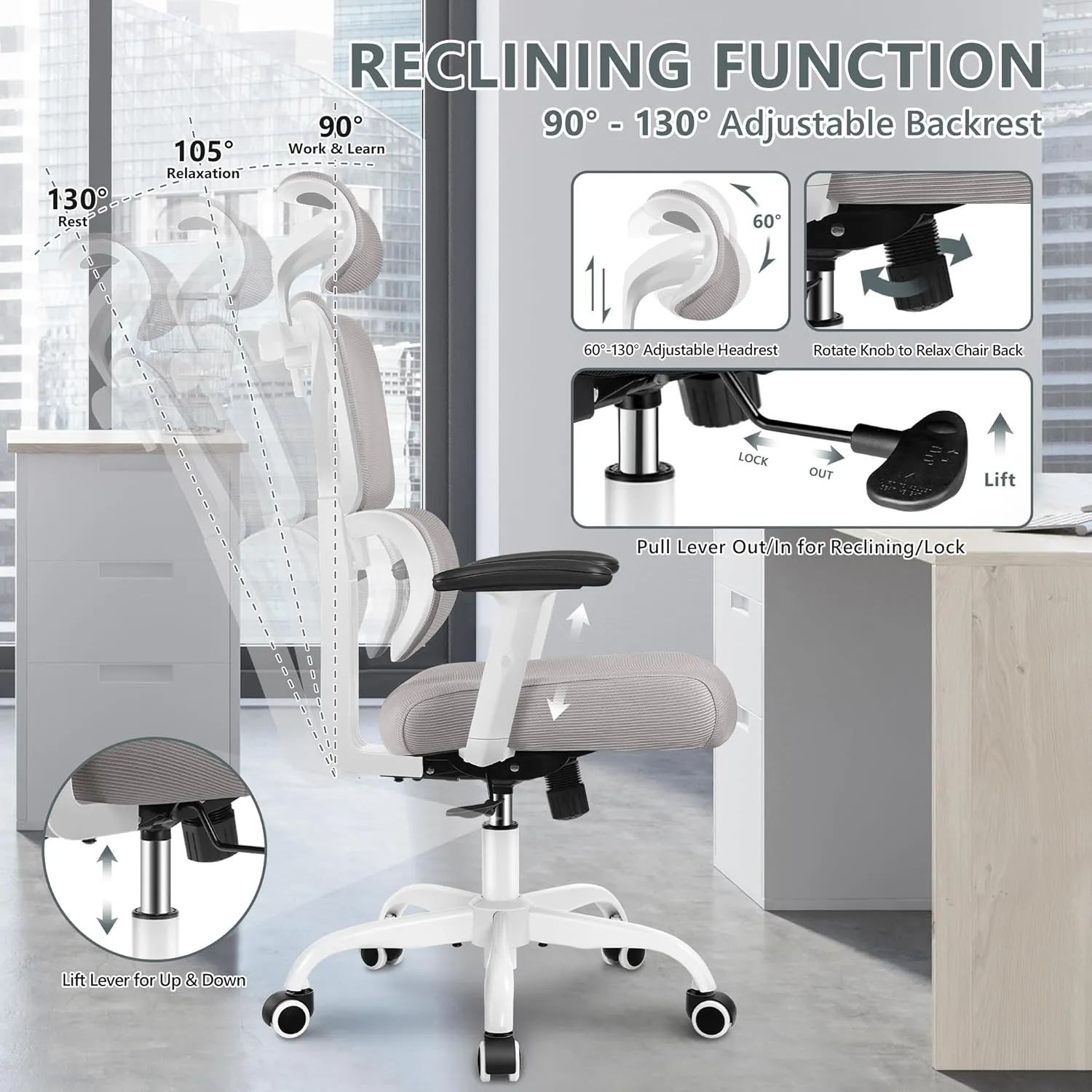 Office Chair Ergonomic Desk Chair, High Back Gaming Chair, Big and Tall Reclining Chair Comfy Home Office Desk Chair Lumbar Support Breathable Mesh Computer Chair Adjustable Armrests (Gray)