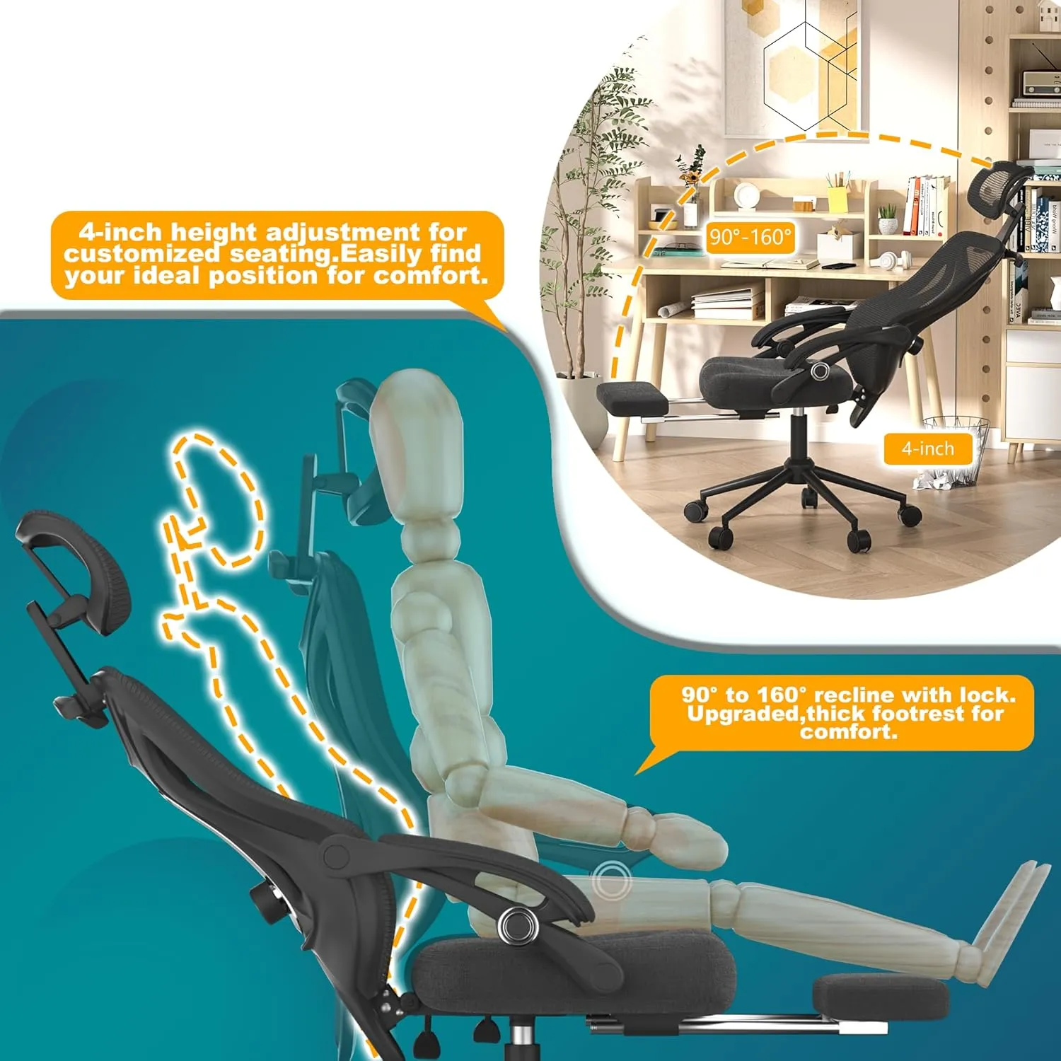 Office Desk Chair, Ergonomic High-Back Computer Chair, Mesh Gaming Chair with Footrest, Comfortable Executive Task Chair with Adjustable Lumbar Support & Headrest (Modern, Black)
