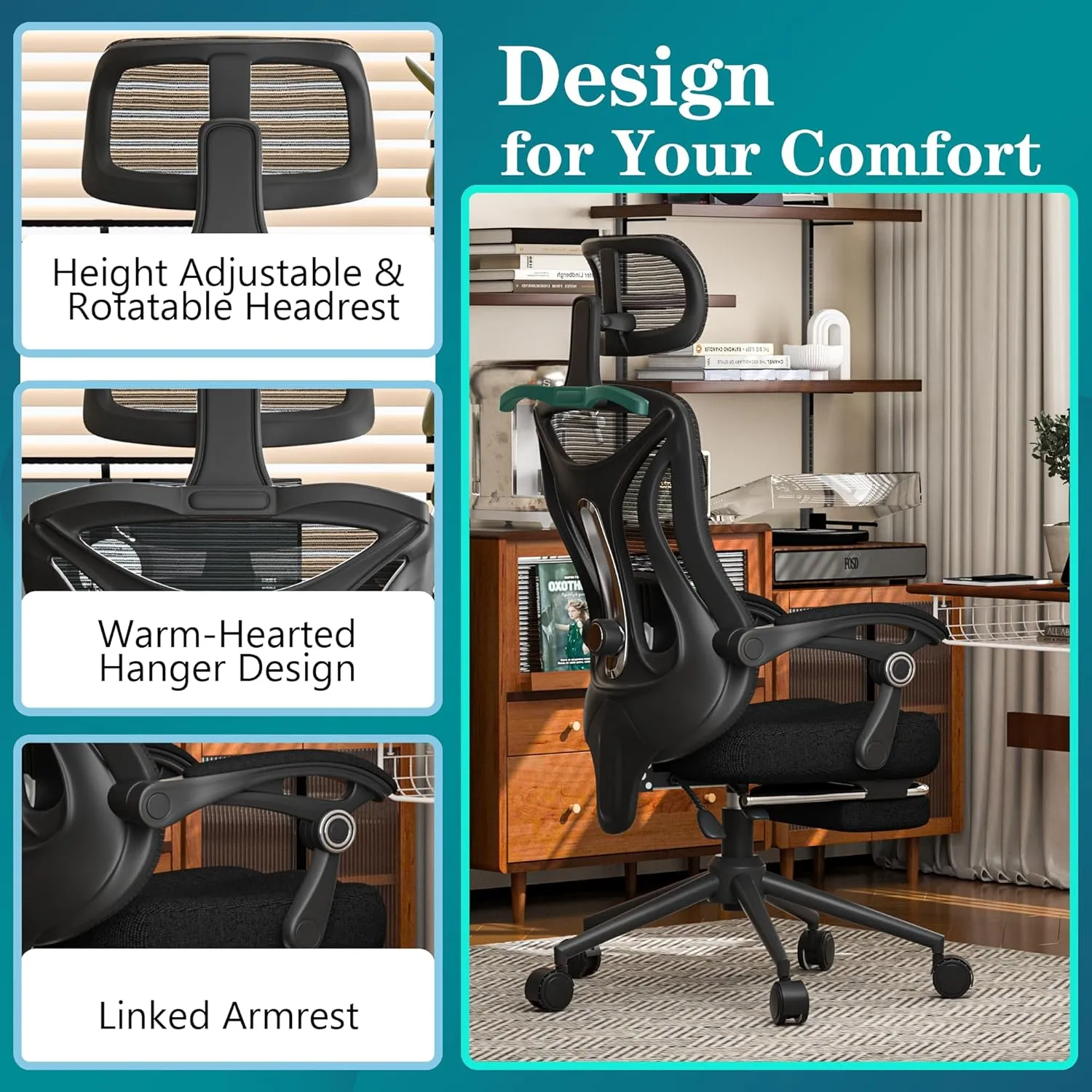 Office Desk Chair, Ergonomic High-Back Computer Chair, Mesh Gaming Chair with Footrest, Comfortable Executive Task Chair with Adjustable Lumbar Support & Headrest (Modern, Black)
