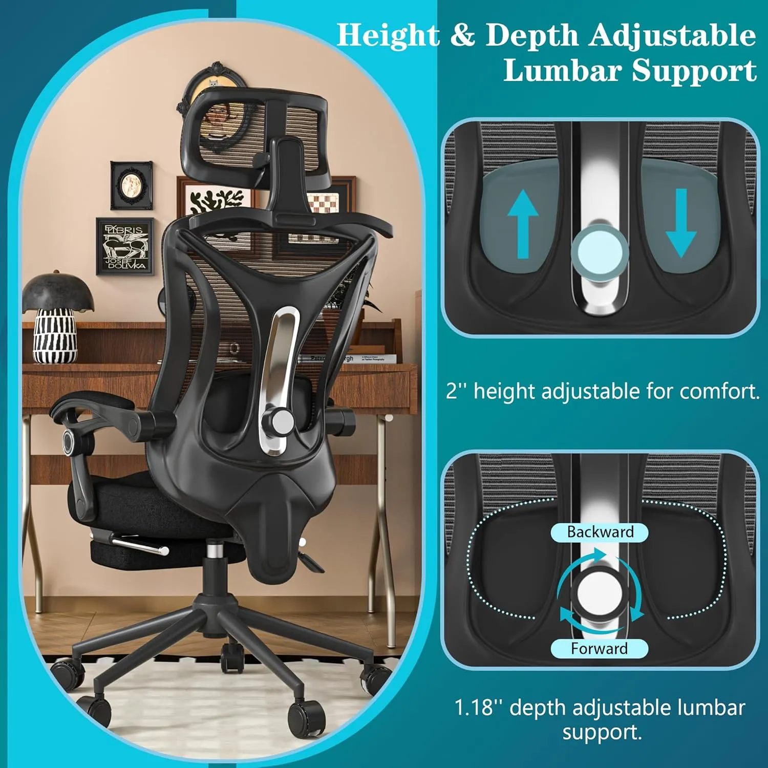 Office Desk Chair, Ergonomic High-Back Computer Chair, Mesh Gaming Chair with Footrest, Comfortable Executive Task Chair with Adjustable Lumbar Support & Headrest (Modern, Black)