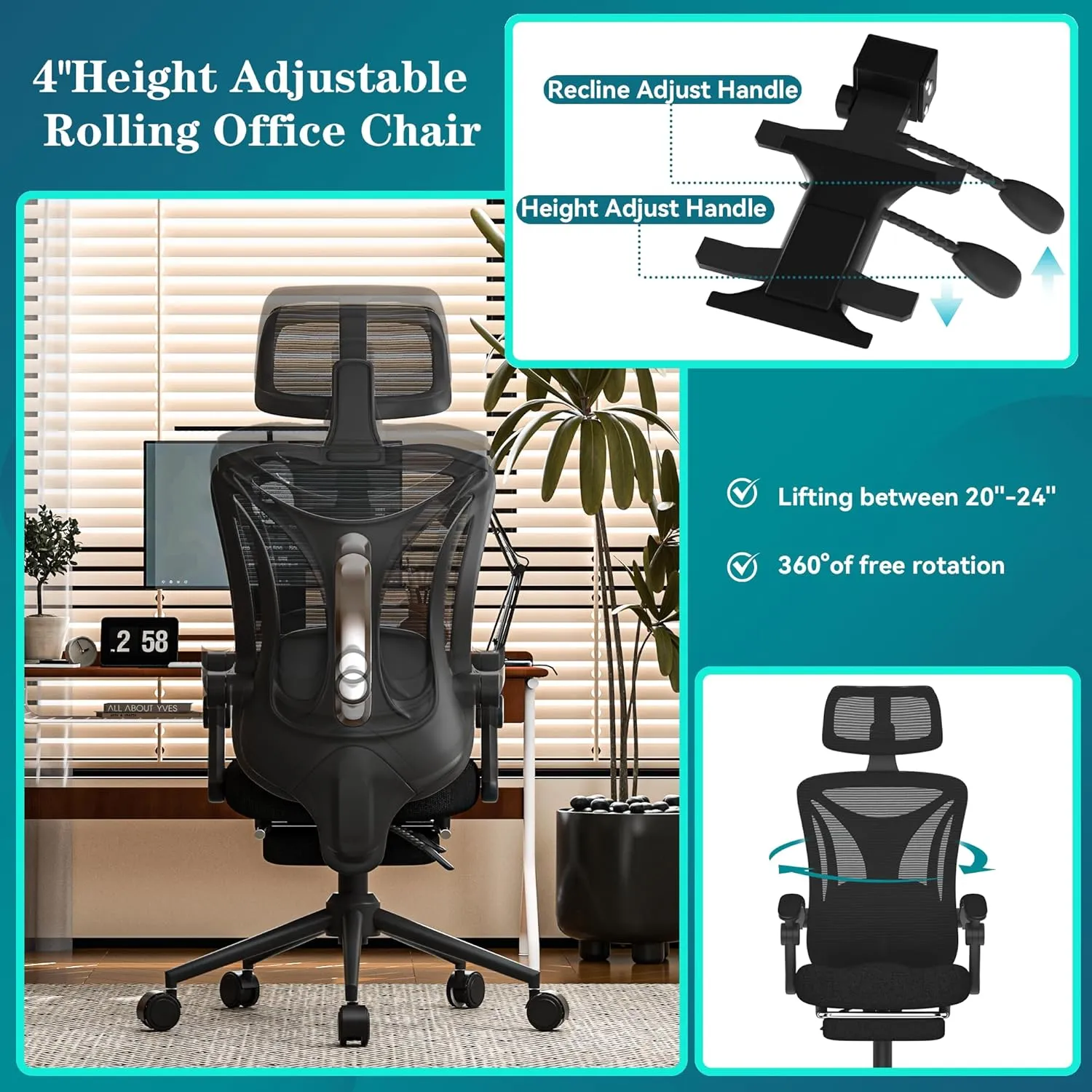 Office Desk Chair, Ergonomic High-Back Computer Chair, Mesh Gaming Chair with Footrest, Comfortable Executive Task Chair with Adjustable Lumbar Support & Headrest (Modern, Black)