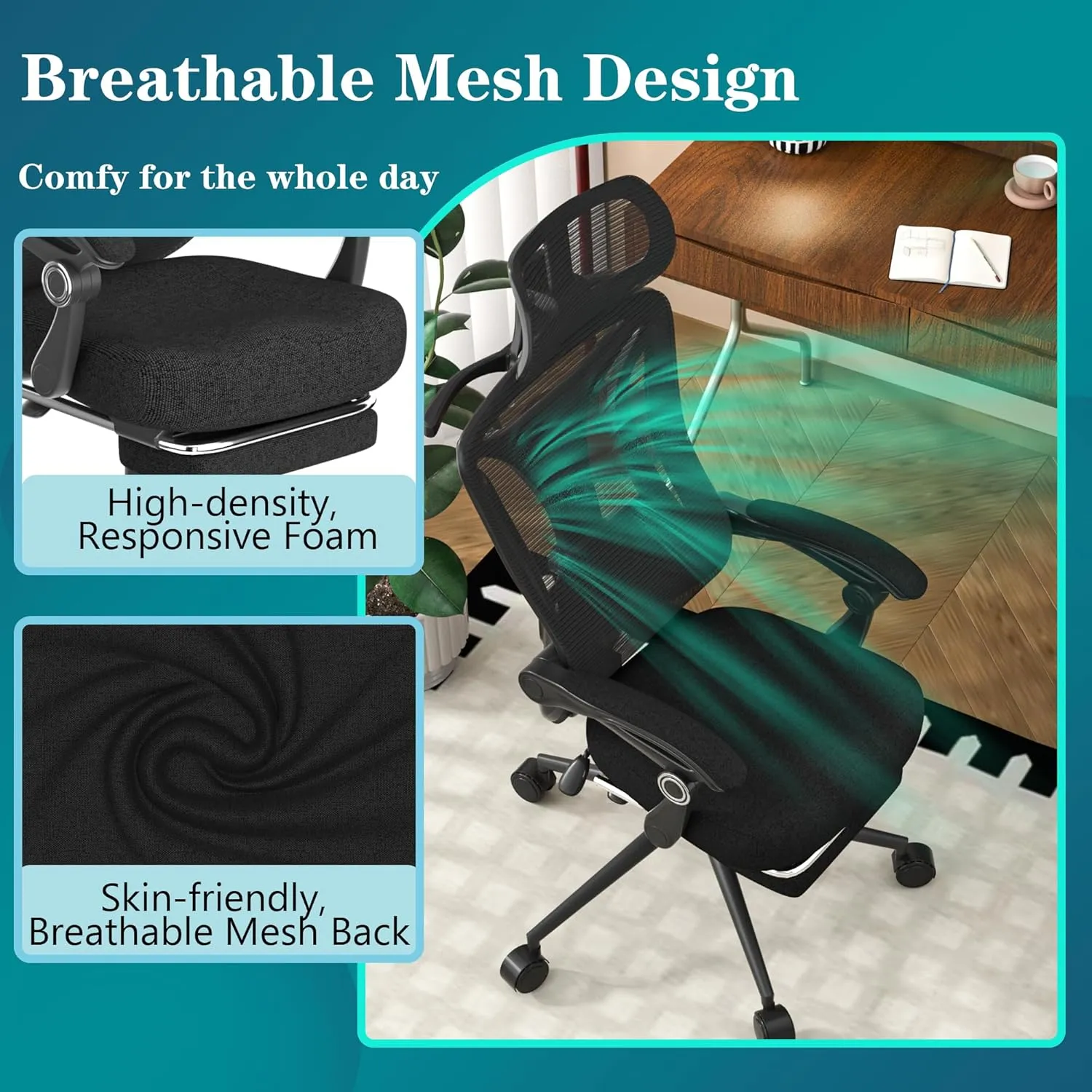 Office Desk Chair, Ergonomic High-Back Computer Chair, Mesh Gaming Chair with Footrest, Comfortable Executive Task Chair with Adjustable Lumbar Support & Headrest (Modern, Black)