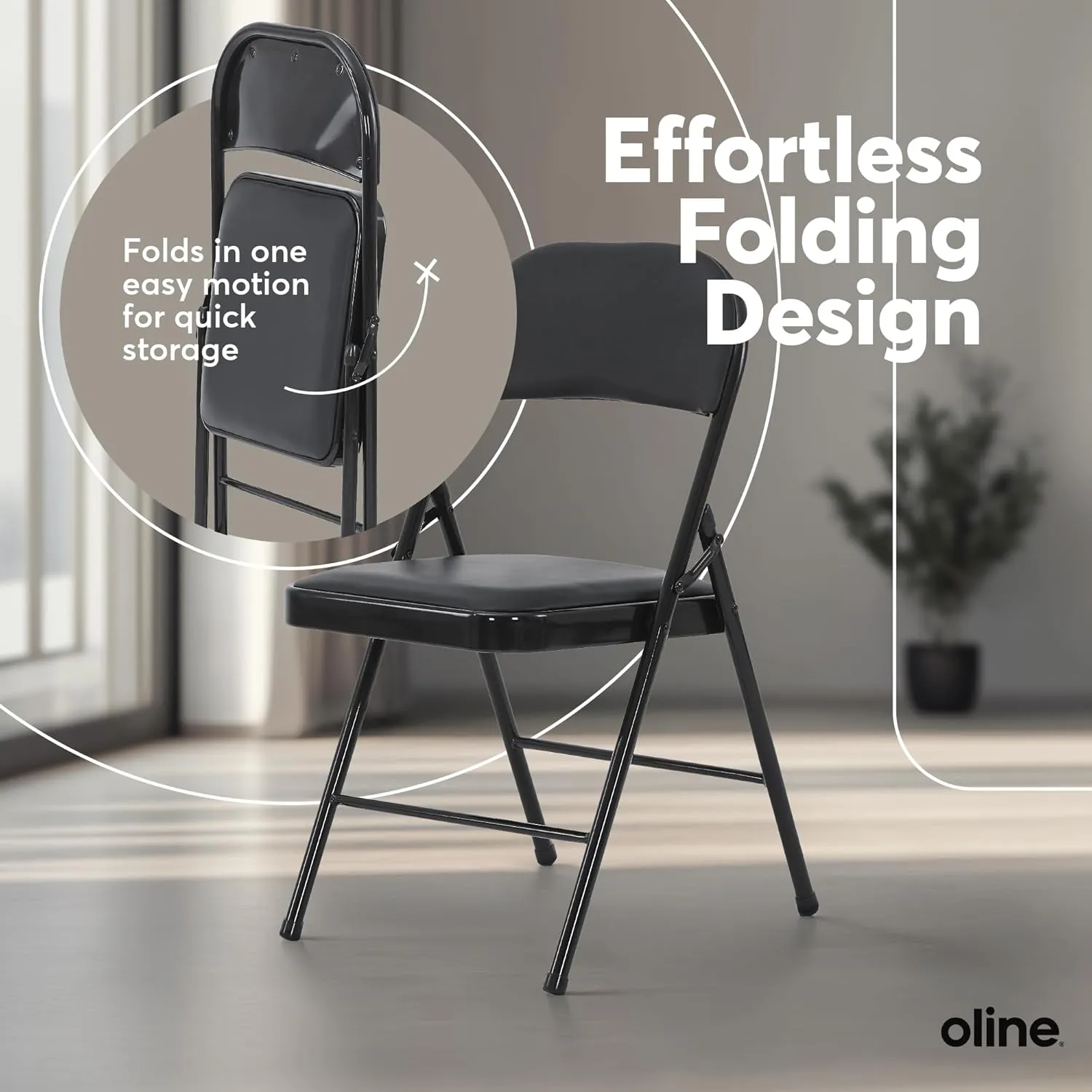 Oline Vinyl Folding Chairs, Padded Vinyl Cushion Chairs with Durable Metal Frame, Indoor Outdoor Stackable Foldable Guest Chairs for Office Wedding Kitchen Dining, 300lb Capacity (Black, 1 Pack)
