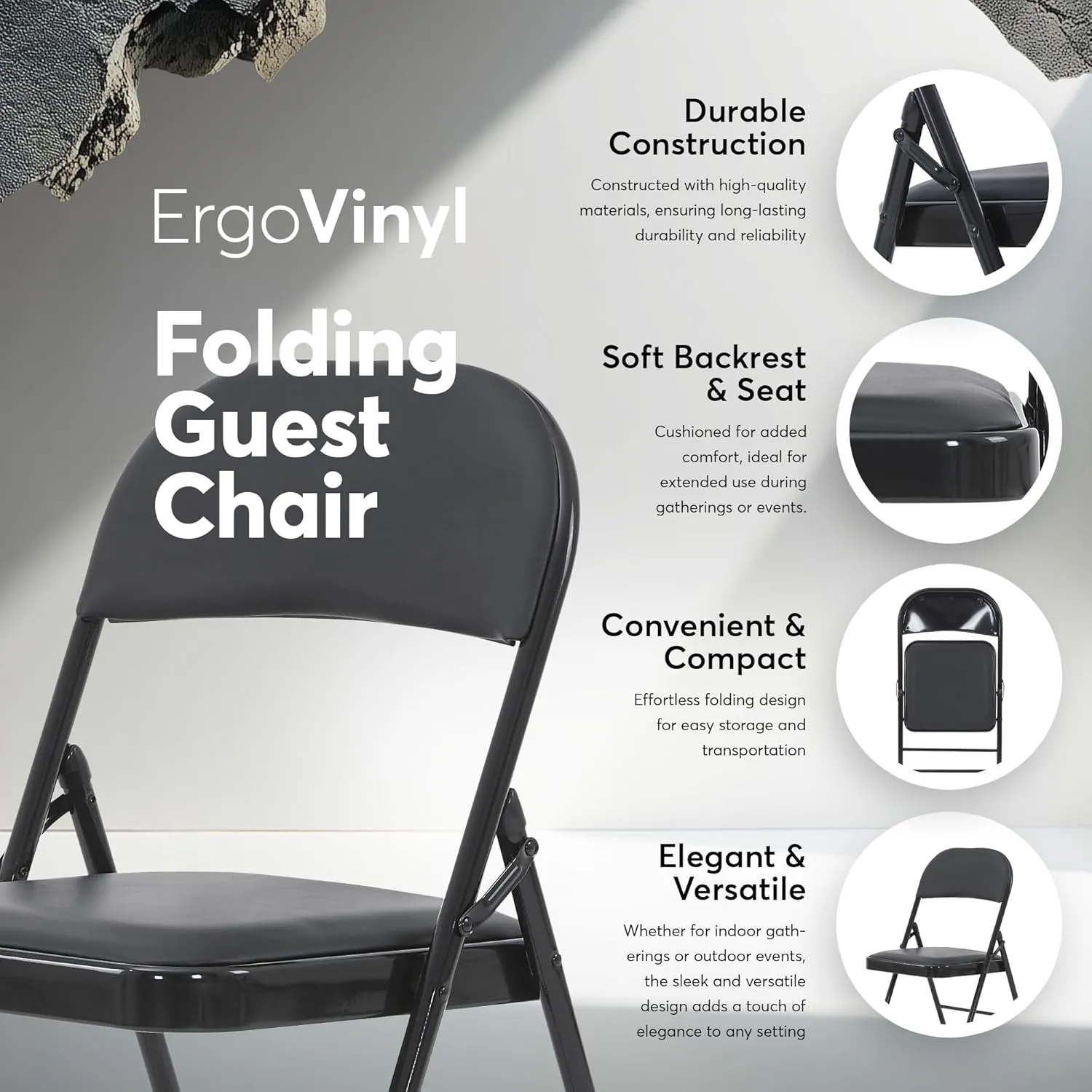 Oline Vinyl Folding Chairs, Padded Vinyl Cushion Chairs with Durable Metal Frame, Indoor Outdoor Stackable Foldable Guest Chairs for Office Wedding Kitchen Dining, 300lb Capacity (Black, 1 Pack)