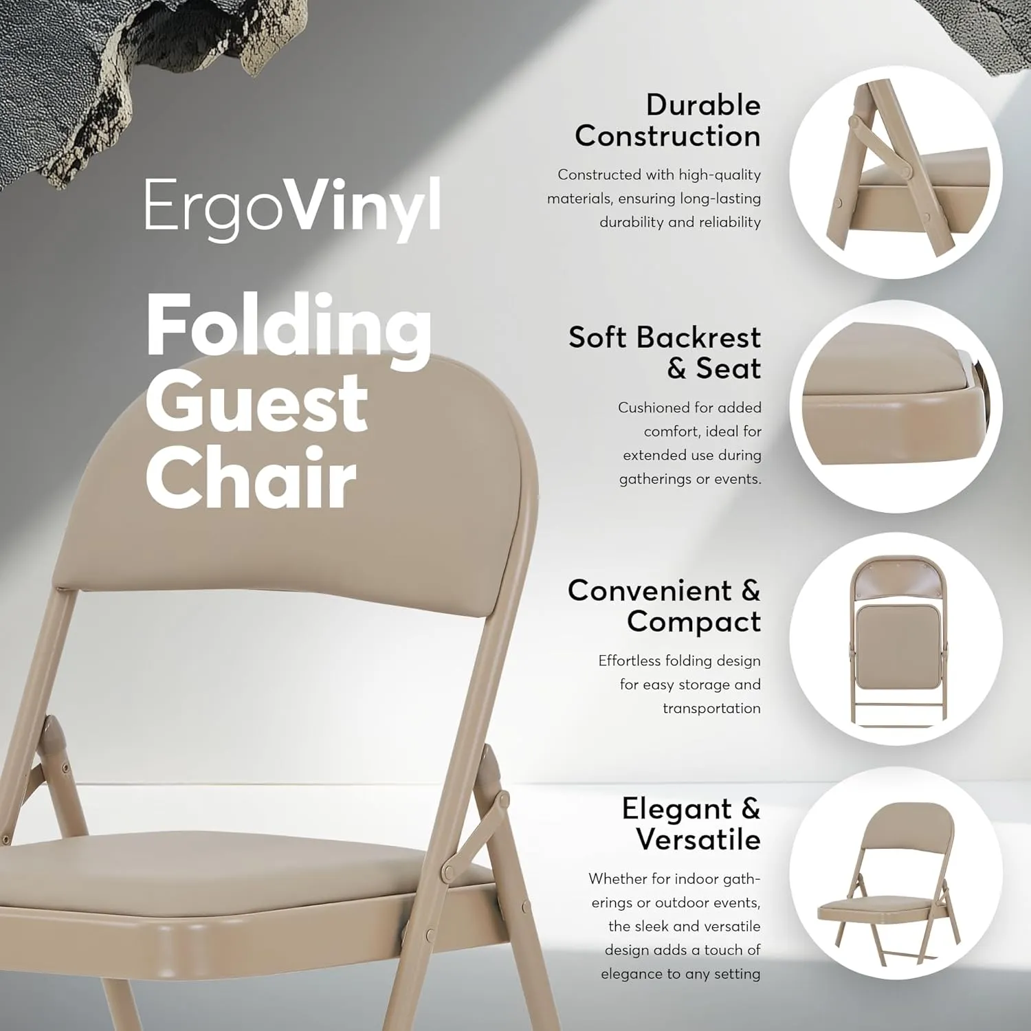 Oline Vinyl Folding Chairs, Padded Vinyl Cushion Chairs with Durable Metal Frame, Indoor Outdoor Stackable Foldable Guest Chairs for Office Wedding Kitchen Dining, 300lb Capacity (Khaki, 1 Pack)