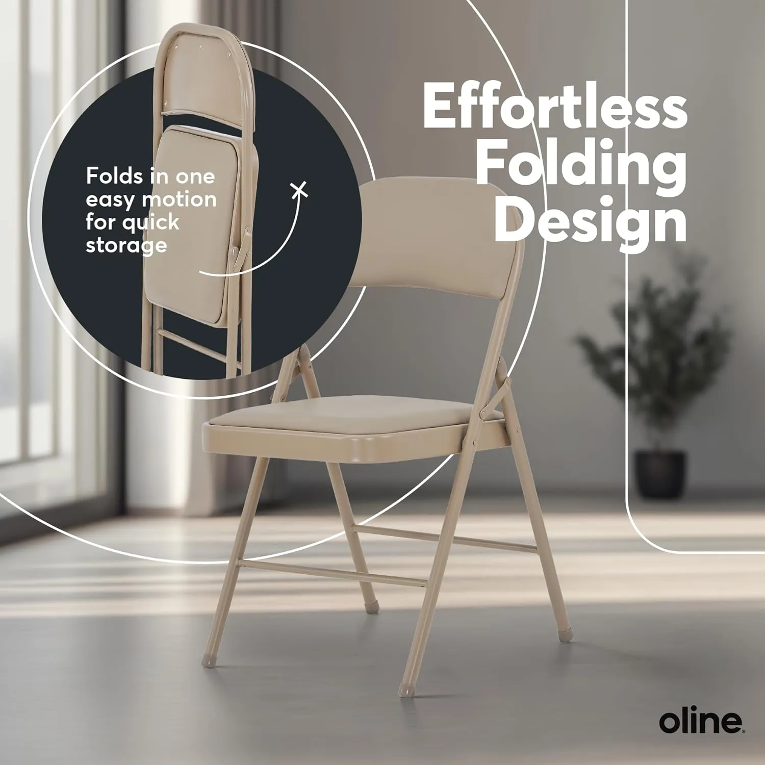 Oline Vinyl Folding Chairs, Padded Vinyl Cushion Chairs with Durable Metal Frame, Indoor Outdoor Stackable Foldable Guest Chairs for Office Wedding Kitchen Dining, 300lb Capacity (Khaki, 1 Pack)