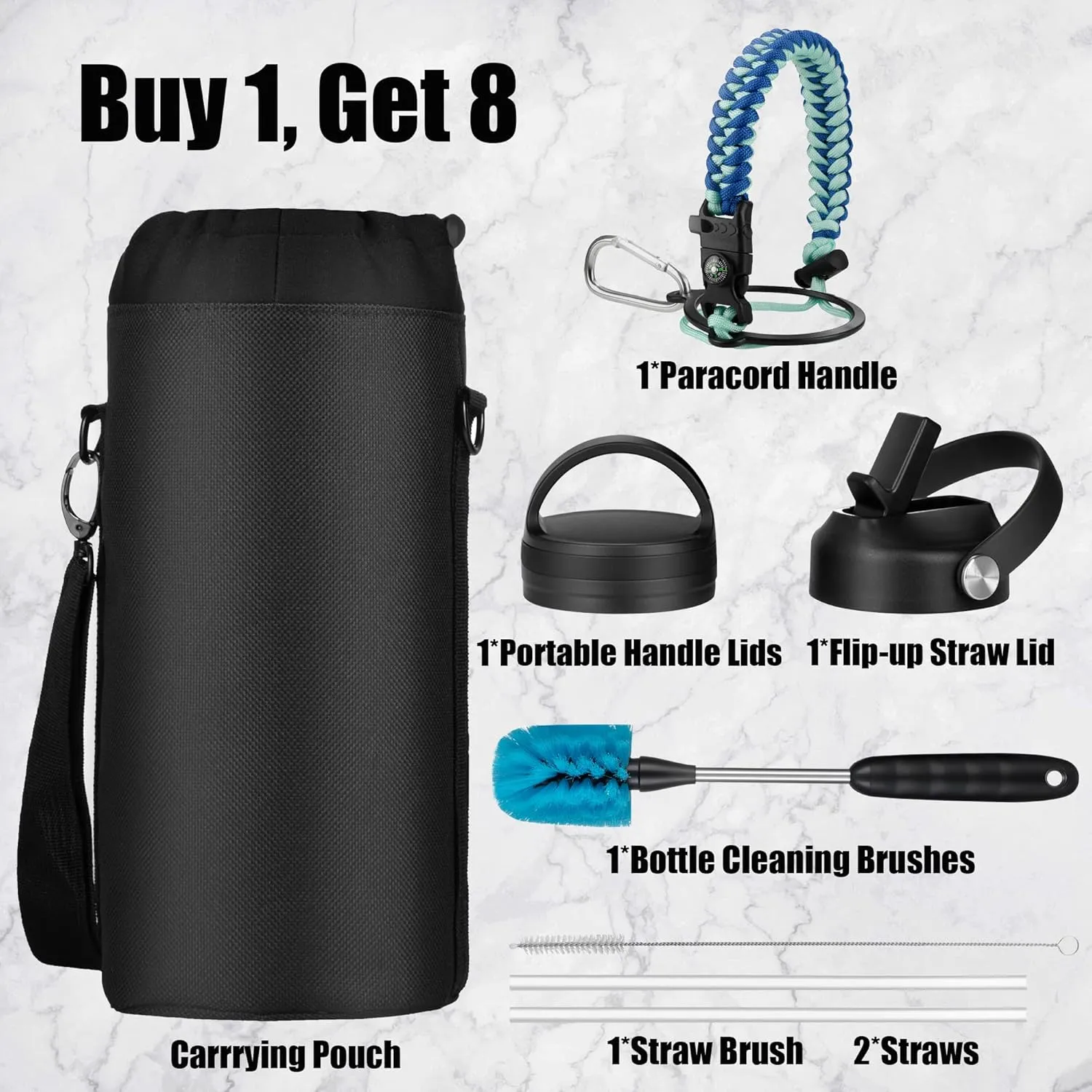 One gallon water bottle - 128 oz Large Water Jug Double Walled Vacuum Stainless Steel Insulated Water Flask with Paracord Handle, Bottle Brush, Carrying Pouch & 2 Lids - Leakproof, Mint&Cobalt