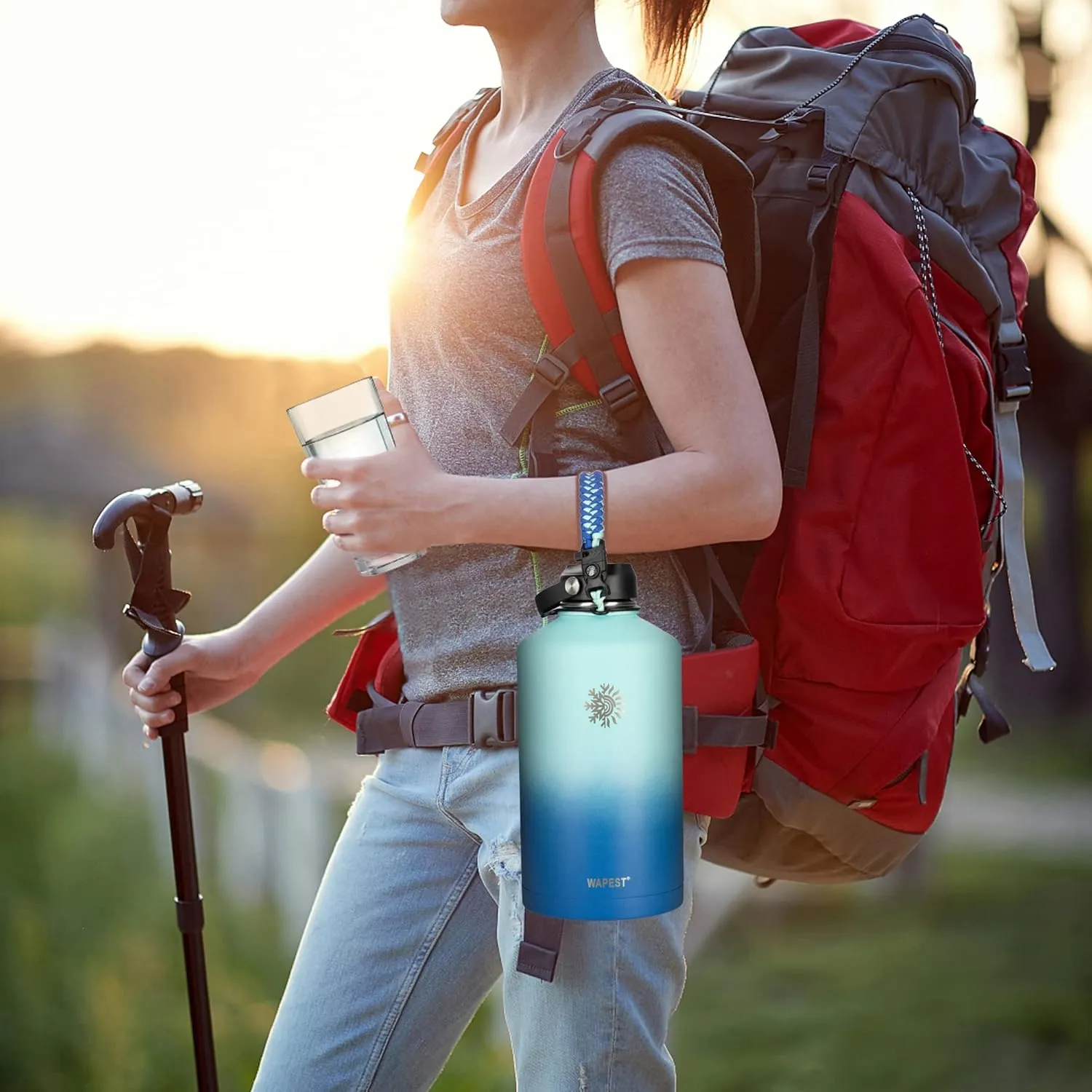 One gallon water bottle - 128 oz Large Water Jug Double Walled Vacuum Stainless Steel Insulated Water Flask with Paracord Handle, Bottle Brush, Carrying Pouch & 2 Lids - Leakproof, Mint&Cobalt