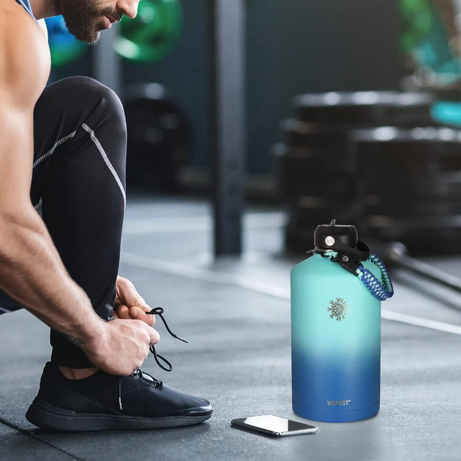 One gallon water bottle - 128 oz Large Water Jug Double Walled Vacuum Stainless Steel Insulated Water Flask with Paracord Handle, Bottle Brush, Carrying Pouch & 2 Lids - Leakproof, Mint&Cobalt