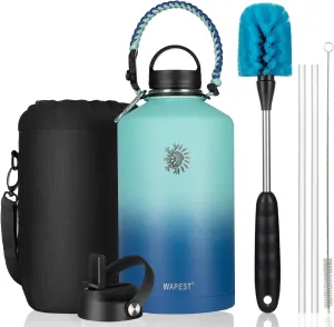 One gallon water bottle - 128 oz Large Water Jug Double Walled Vacuum Stainless Steel Insulated Water Flask with Paracord Handle, Bottle Brush, Carrying Pouch & 2 Lids - Leakproof, Mint&Cobalt