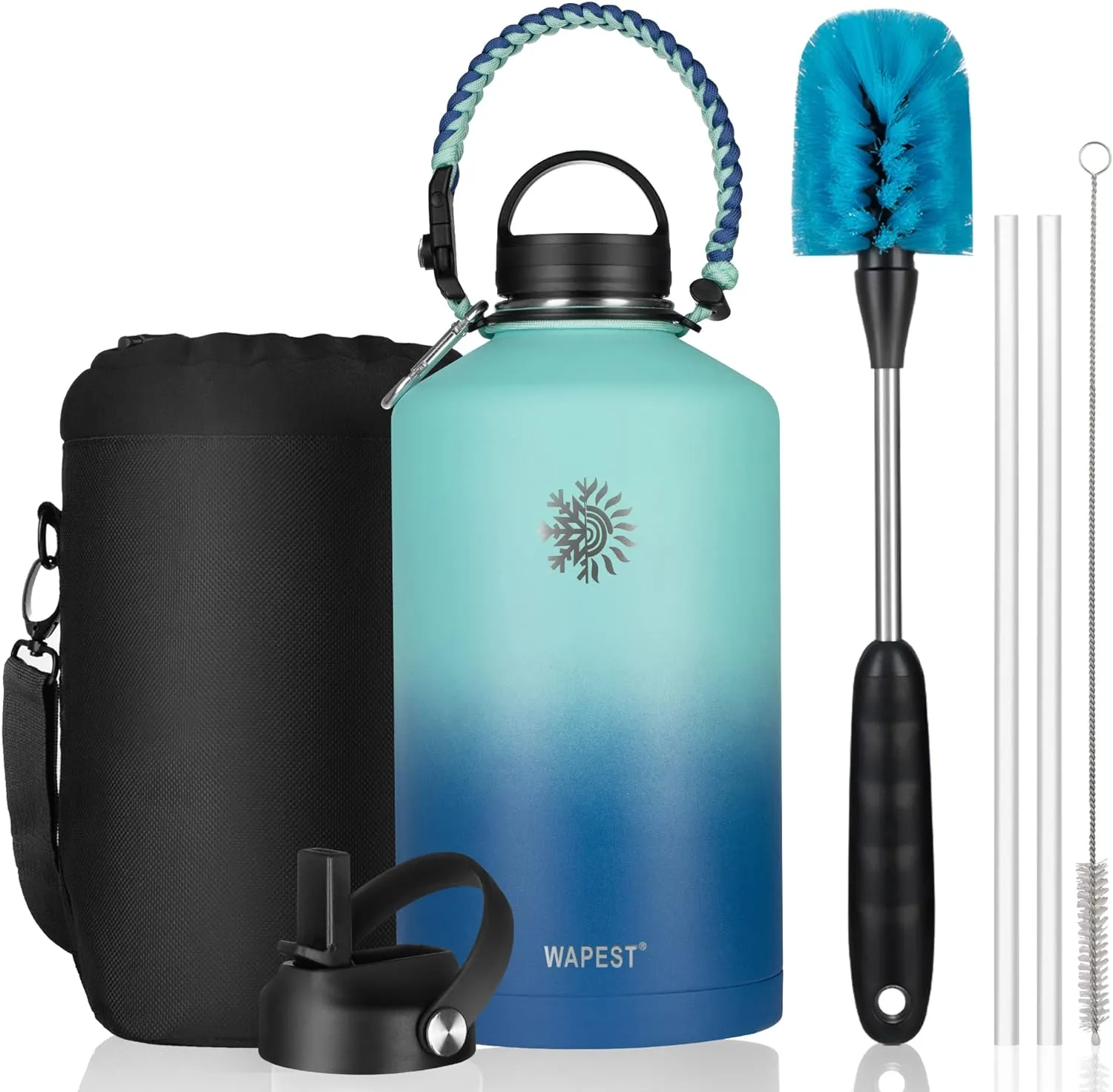One gallon water bottle - 128 oz Large Water Jug Double Walled Vacuum Stainless Steel Insulated Water Flask with Paracord Handle, Bottle Brush, Carrying Pouch & 2 Lids - Leakproof, Mint&Cobalt