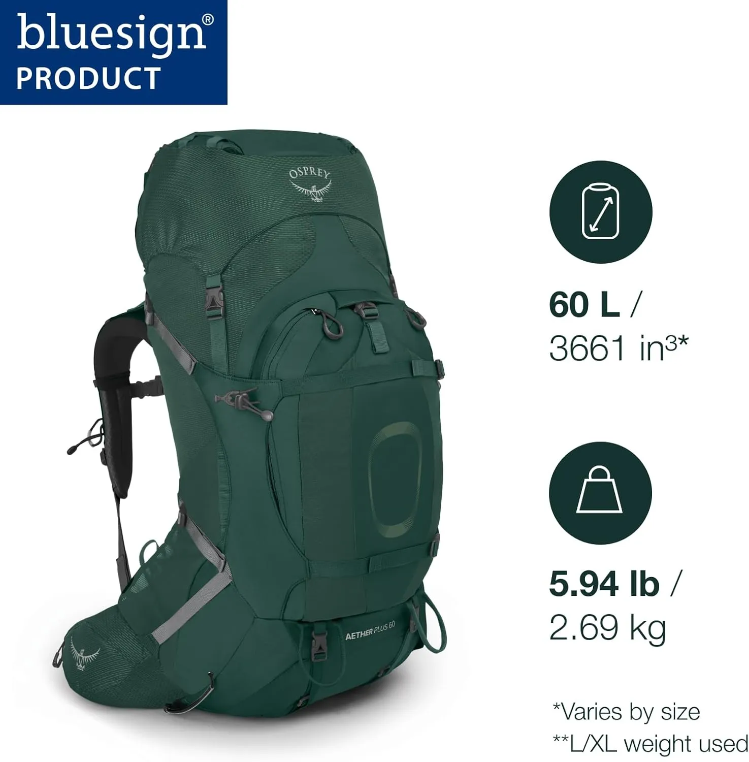 Osprey Aether Plus 60L Men's Backpacking Backpack, Black, L/XL
