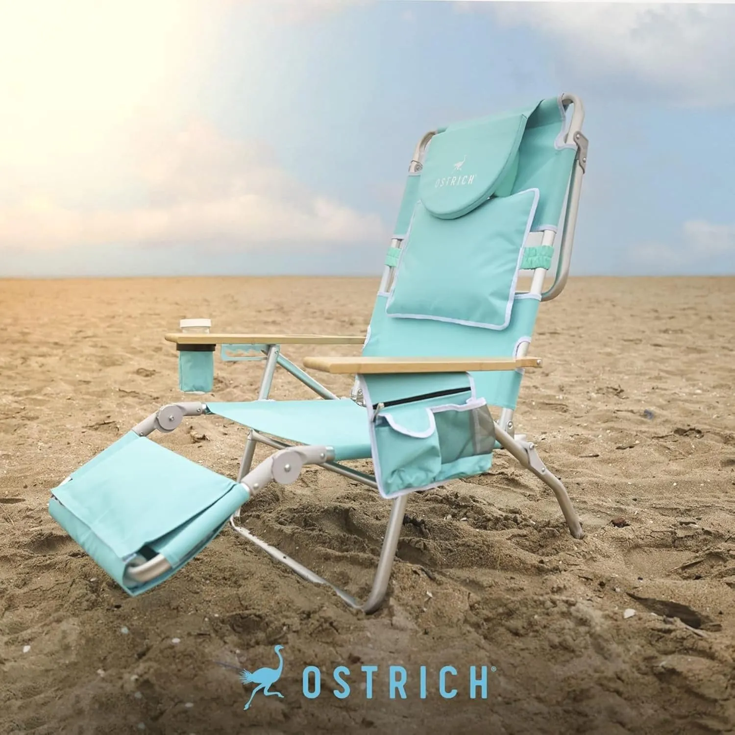 Ostrich Deluxe Reclining Lounge Chair, 3 in 1 Folding Outdoor Beach Lounger, Aqua - Heavy-Duty Portable Chair for Lawn, Pool, Patio, and Yard