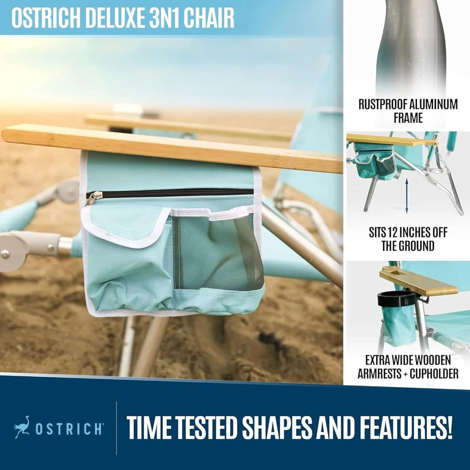 Ostrich Deluxe Reclining Lounge Chair, 3 in 1 Folding Outdoor Beach Lounger, Aqua - Heavy-Duty Portable Chair for Lawn, Pool, Patio, and Yard