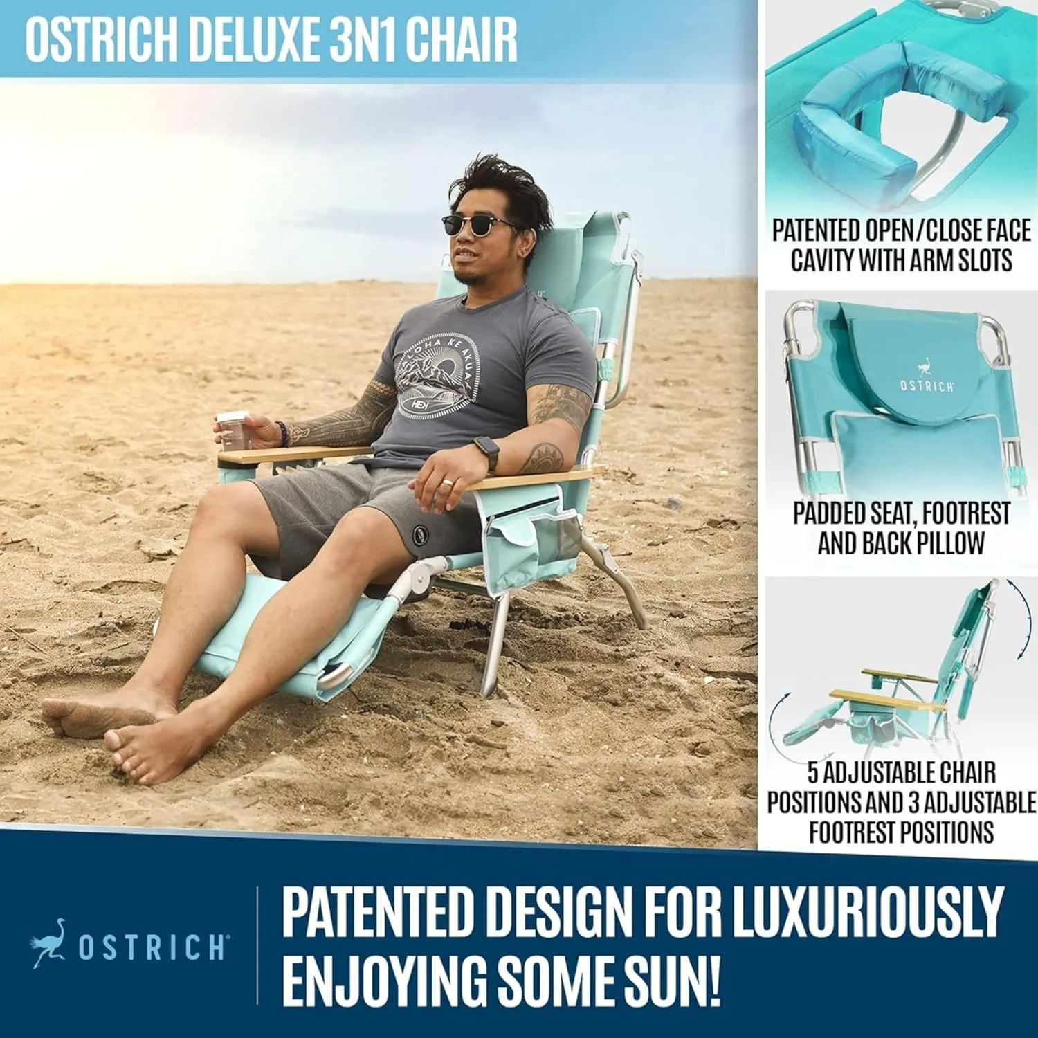 Ostrich Deluxe Reclining Lounge Chair, 3 in 1 Folding Outdoor Beach Lounger, Aqua - Heavy-Duty Portable Chair for Lawn, Pool, Patio, and Yard