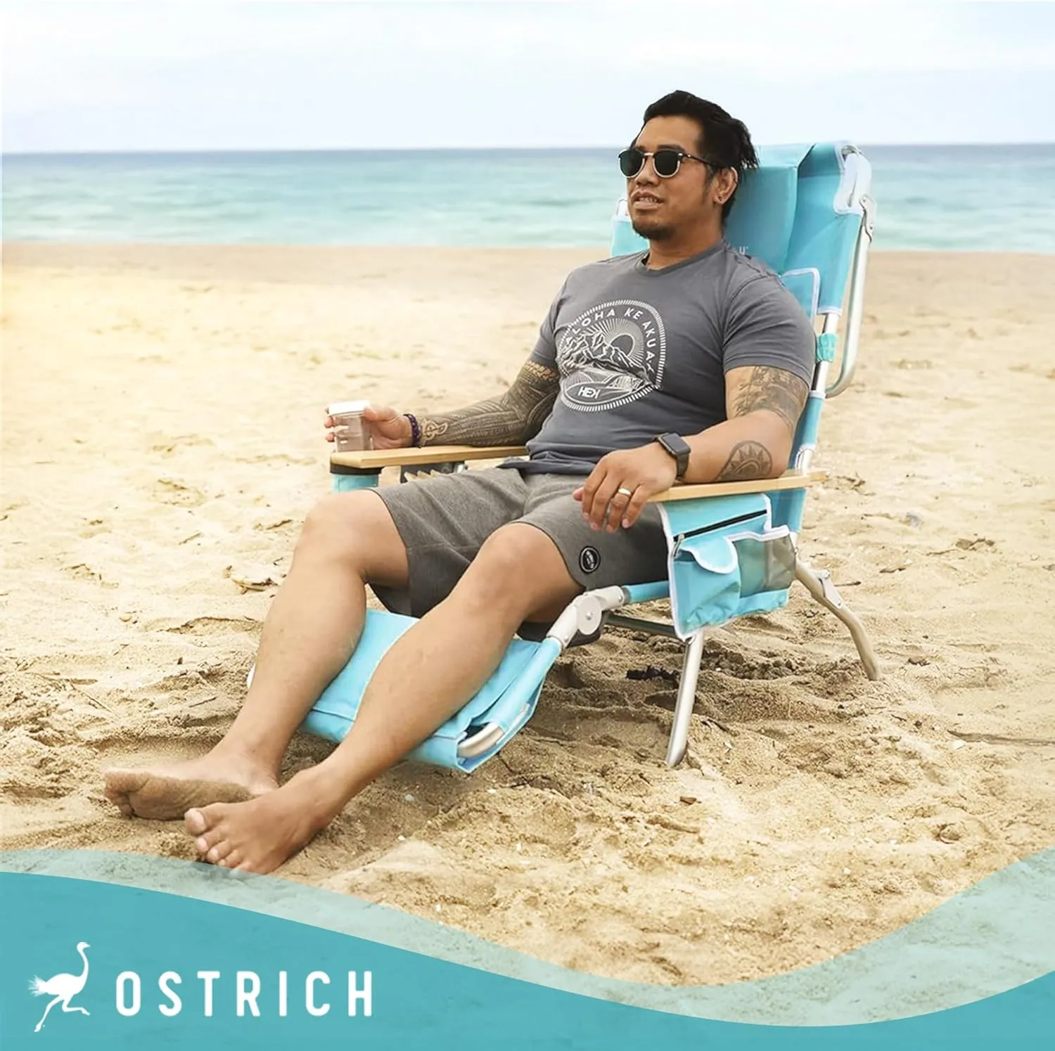 Ostrich Deluxe Reclining Lounge Chair, 3 in 1 Folding Outdoor Beach Lounger, Aqua - Heavy-Duty Portable Chair for Lawn, Pool, Patio, and Yard