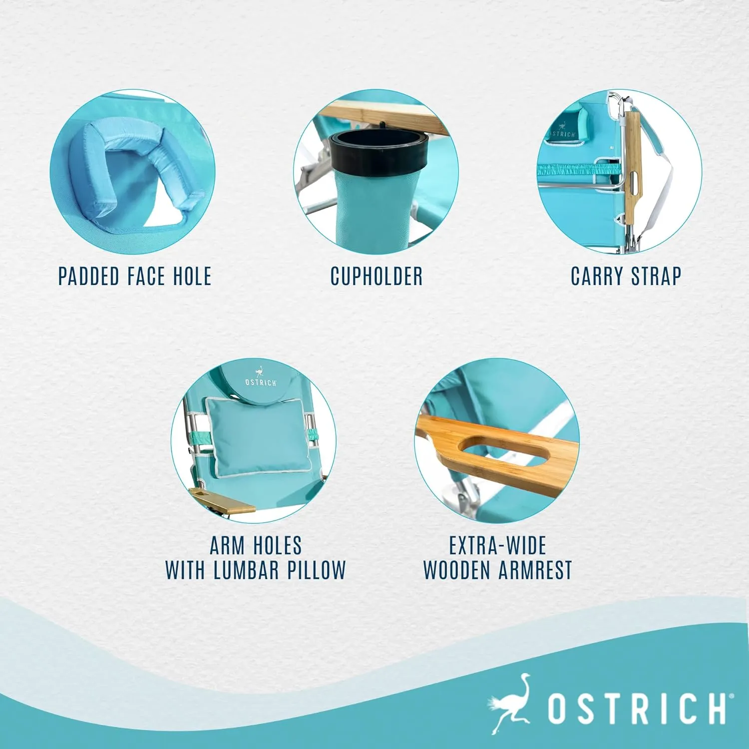 Ostrich Deluxe Reclining Lounge Chair, 3 in 1 Folding Outdoor Beach Lounger, Aqua - Heavy-Duty Portable Chair for Lawn, Pool, Patio, and Yard