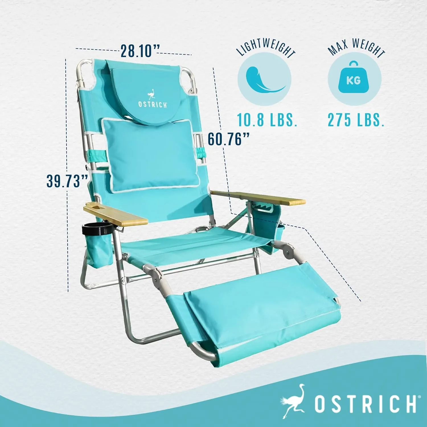 Ostrich Deluxe Reclining Lounge Chair, 3 in 1 Folding Outdoor Beach Lounger, Aqua - Heavy-Duty Portable Chair for Lawn, Pool, Patio, and Yard