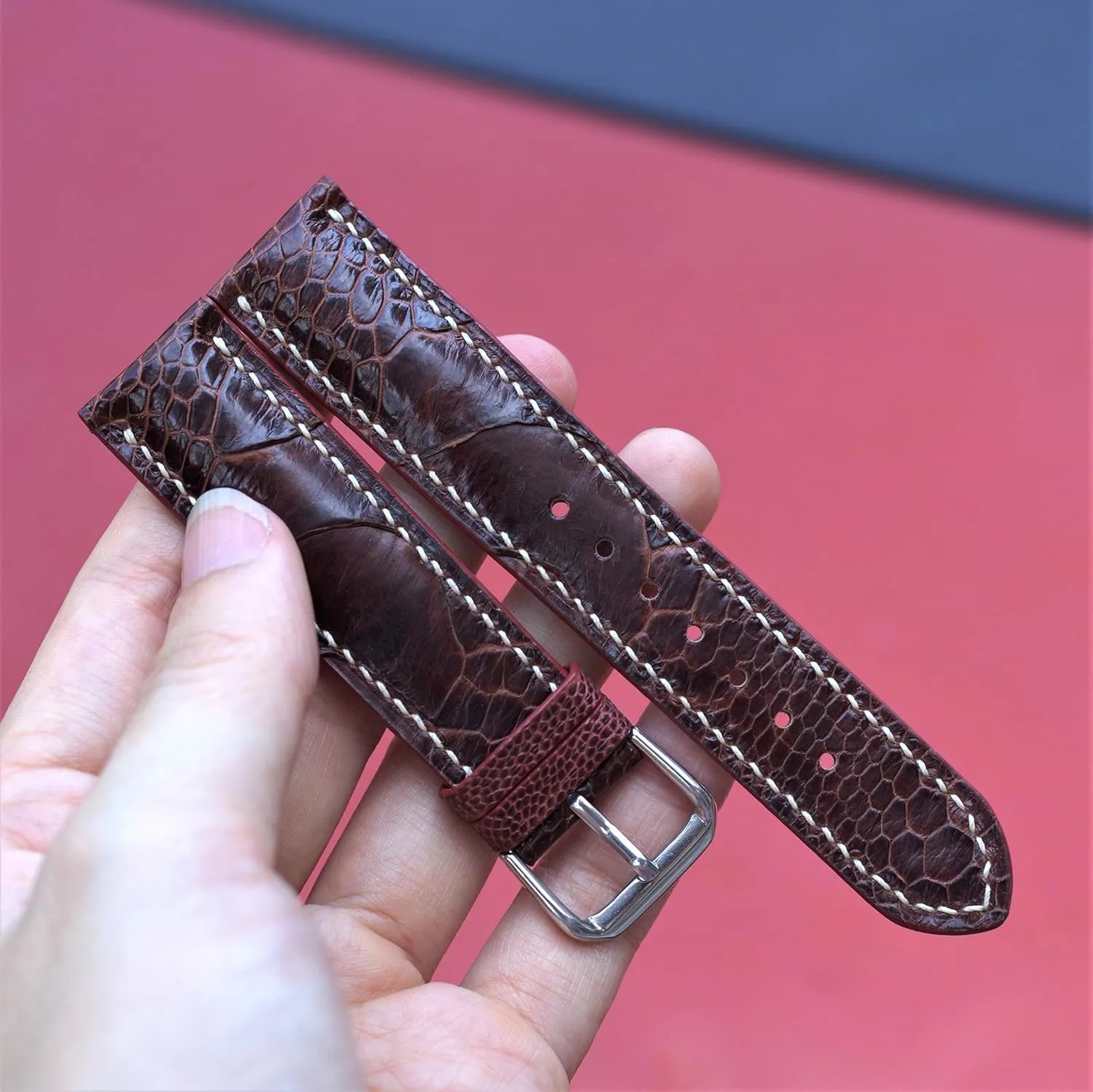 Ostrich leather watch strap brown leather watch band custom 21mm leather watch strap and from 12mm to 24mm (With Steel Folding Clasp, 20mm)
