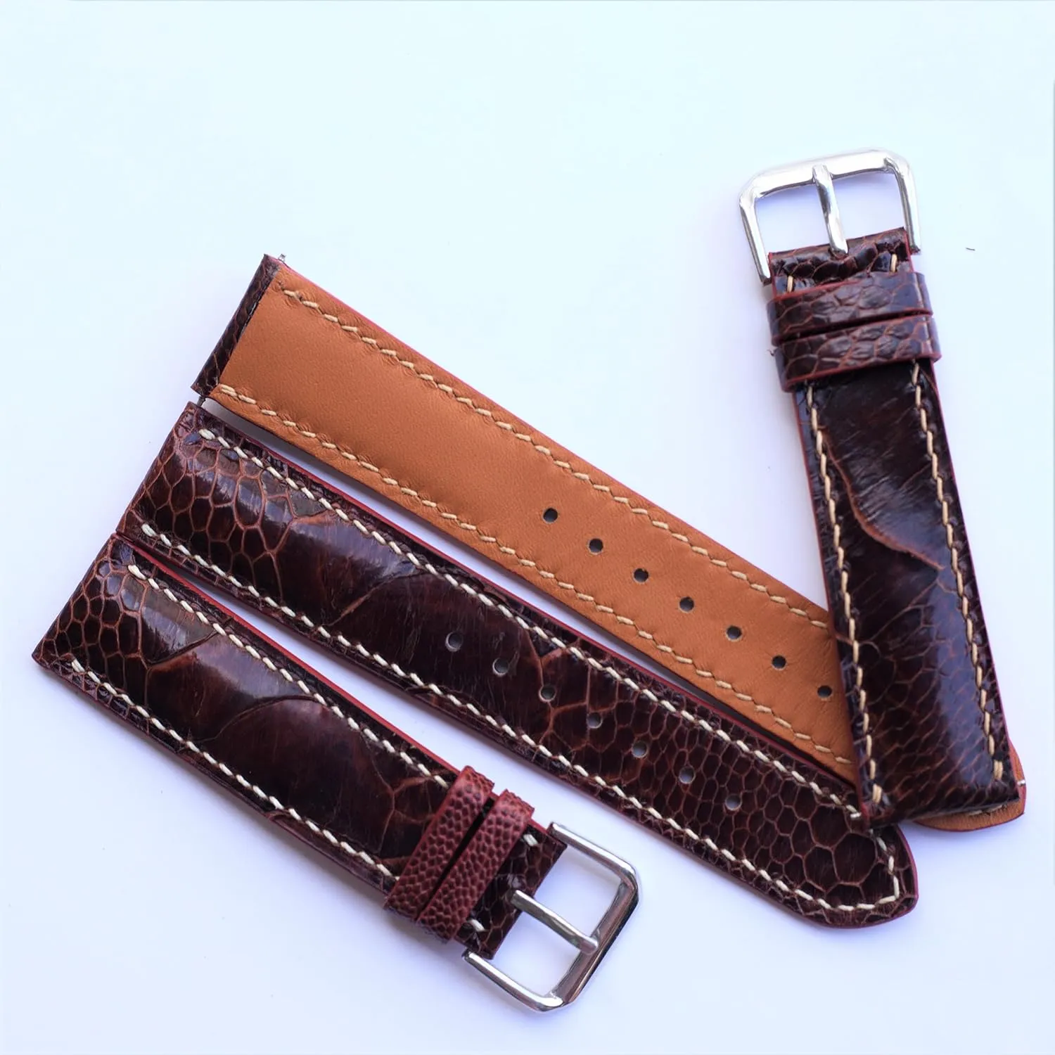 Ostrich leather watch strap brown leather watch band custom 21mm leather watch strap and from 12mm to 24mm (With Steel Folding Clasp, 20mm)