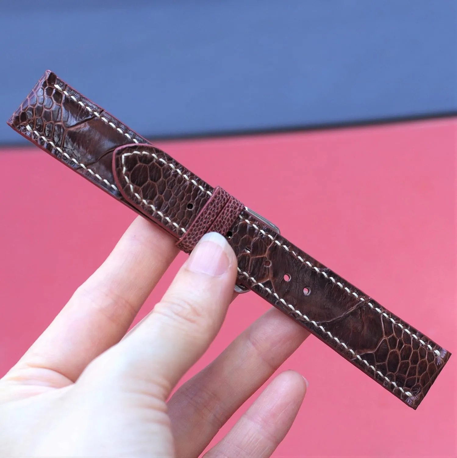 Ostrich leather watch strap brown leather watch band custom 21mm leather watch strap and from 12mm to 24mm (With Steel Folding Clasp, 20mm)