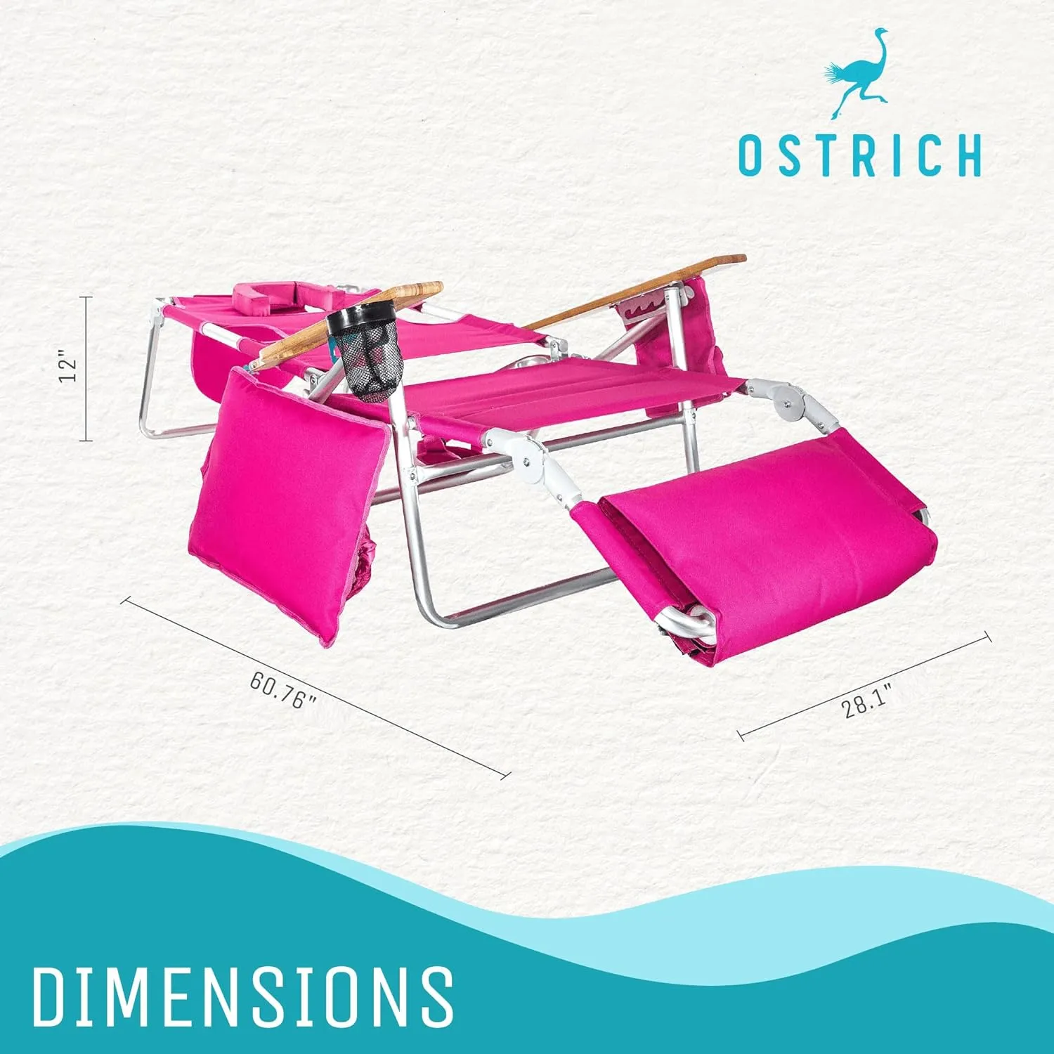 Ostrich Reclining Lounge Chair, Deluxe 3 in 1 Folding Outdoor Beach Lounger, Pink - Compact and Portable Recliner for Pool Tanning, Lawn, Patio, and Yard