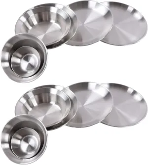OUKENS Camping Dish Set, 12pcs Camping Dinnerware Set Stackable Reusable Stainless Steel Camping Plates Bowls Set with Storage Bag for Outdoor Hiking Camping