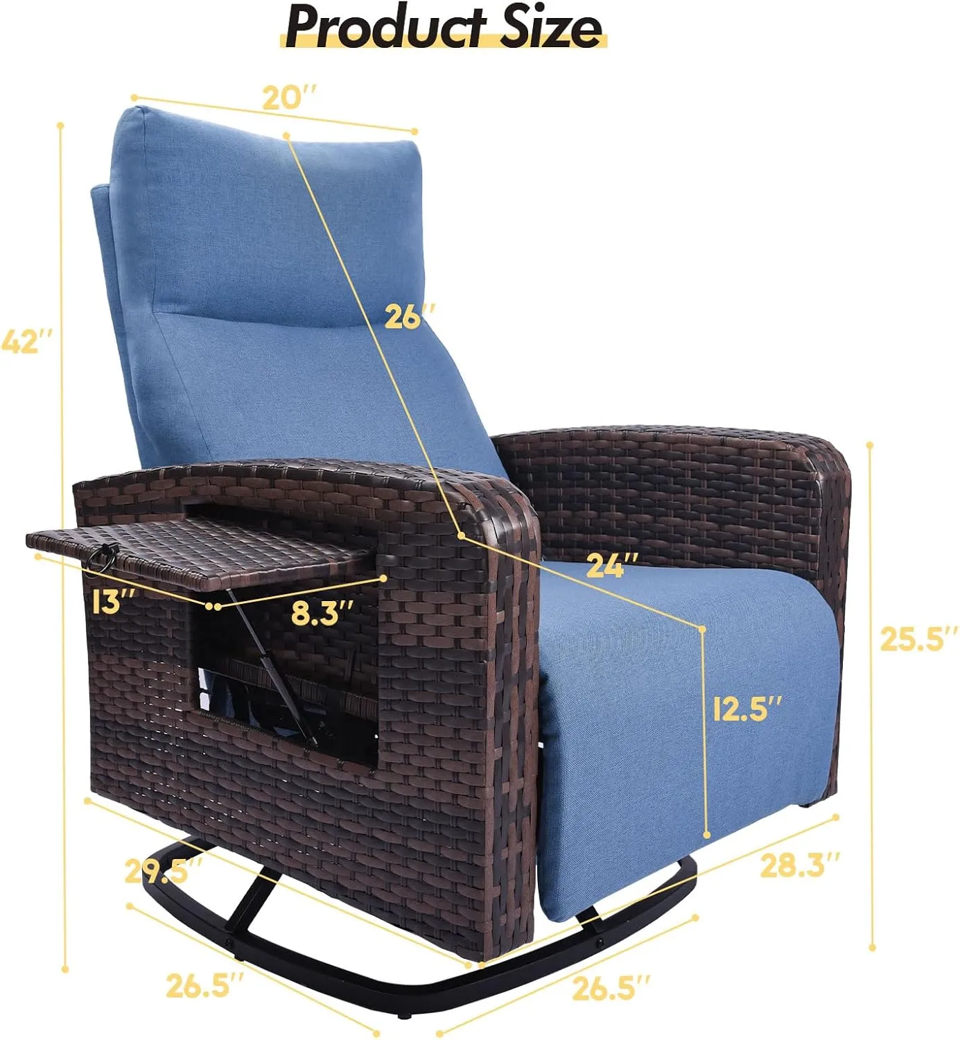 Outdoor 360° Swivel Rattan Recliner Chair Patio Wicker Chaise Lounge Chair 350 lbs with Adjustable Backrest & Footrest & Side Table