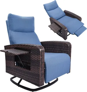 Outdoor 360° Swivel Rattan Recliner Chair Patio Wicker Chaise Lounge Chair 350 lbs with Adjustable Backrest & Footrest & Side Table