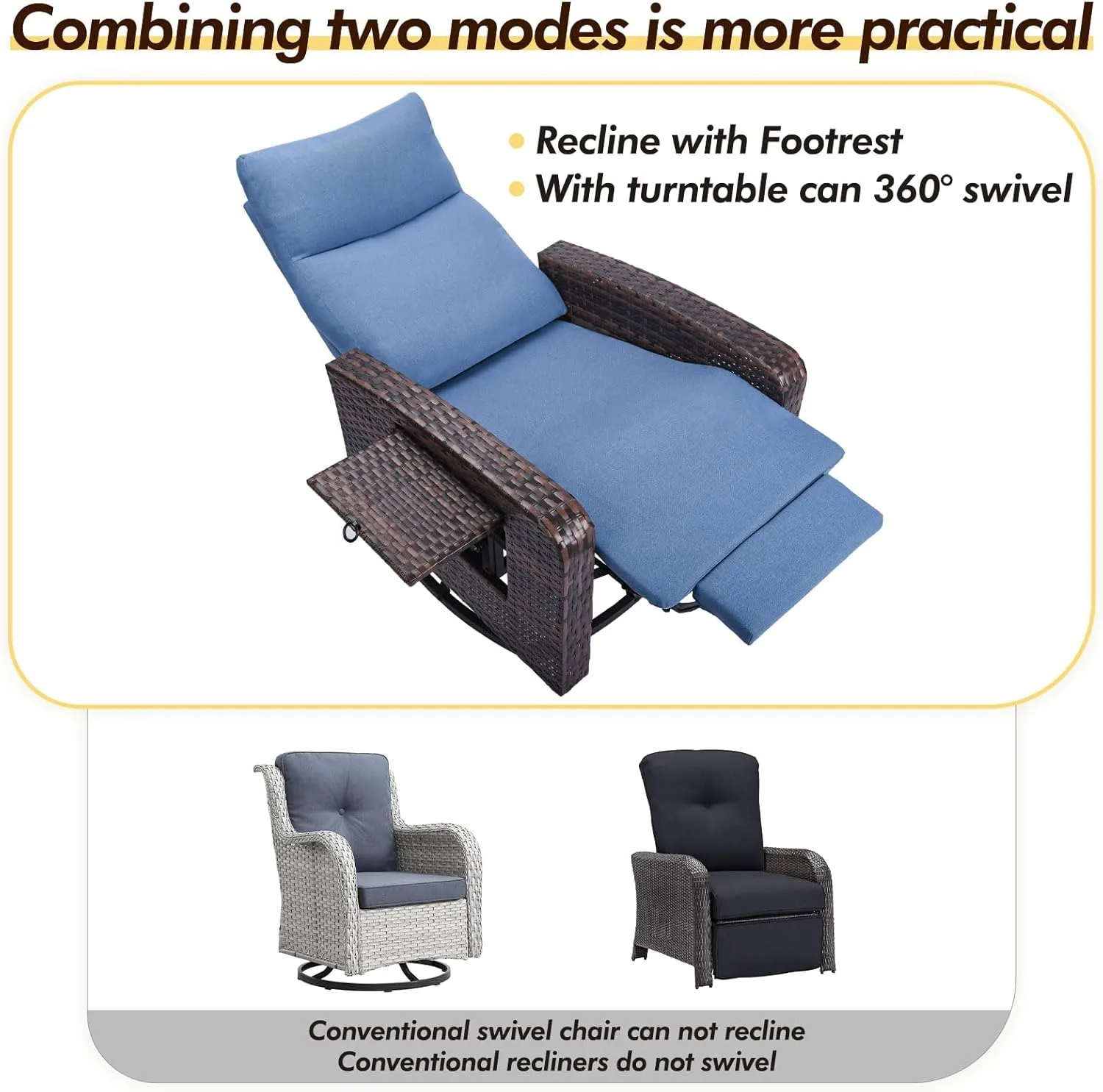 Outdoor 360° Swivel Rattan Recliner Chair Patio Wicker Chaise Lounge Chair 350 lbs with Adjustable Backrest & Footrest & Side Table