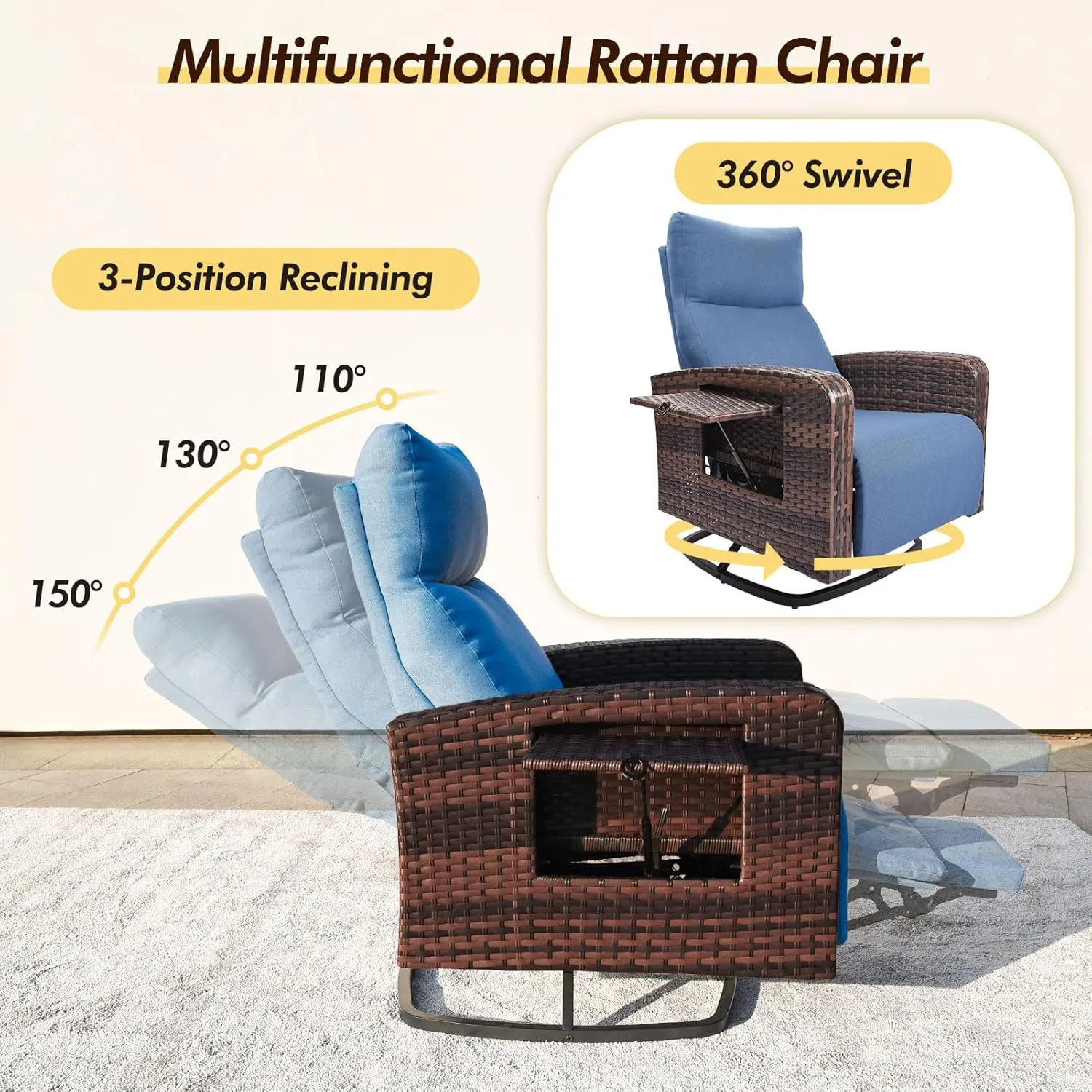Outdoor 360° Swivel Rattan Recliner Chair Patio Wicker Chaise Lounge Chair 350 lbs with Adjustable Backrest & Footrest & Side Table