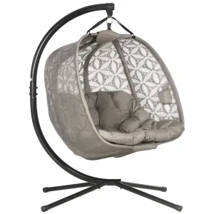 Outdoor Double Hanging Chair, Swing Chair with Metal Stand, Thick Padded Cushion, Foldable Basket and Cup Holders, for Indoor and Outdoor, Sand Brown