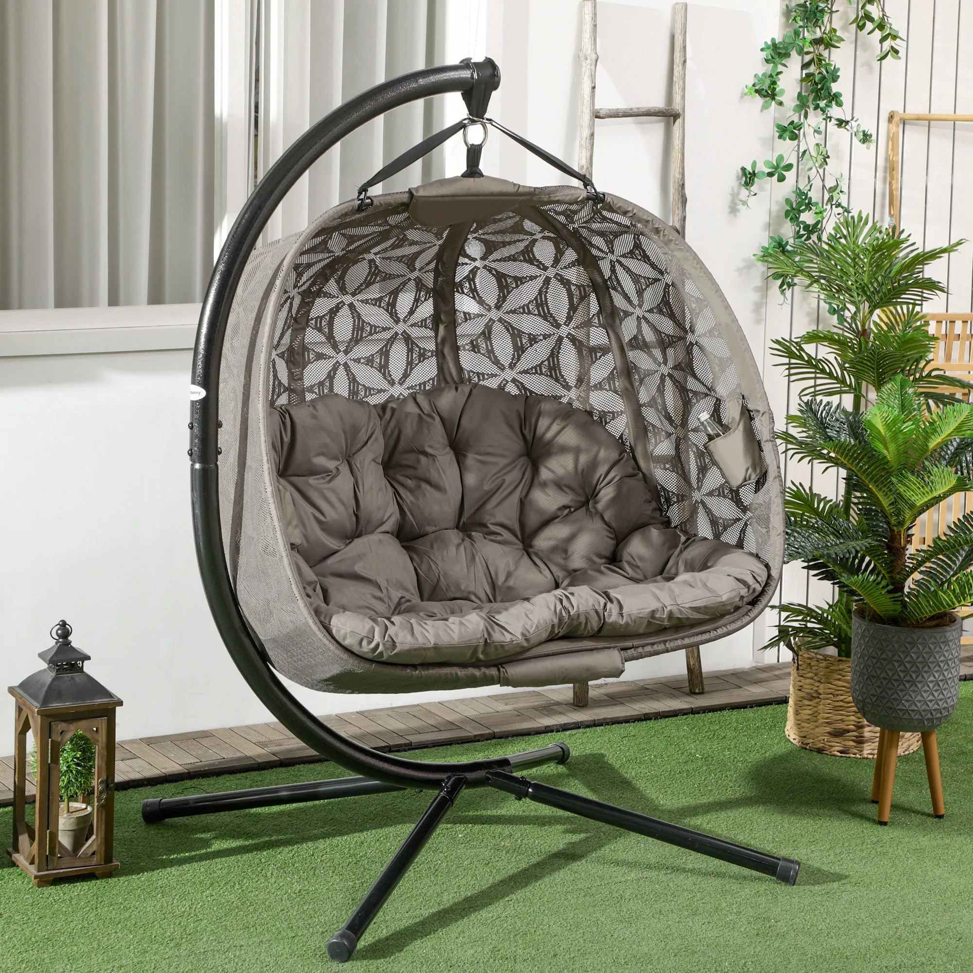 Outdoor Double Hanging Chair, Swing Chair with Metal Stand, Thick Padded Cushion, Foldable Basket and Cup Holders, for Indoor and Outdoor, Sand Brown